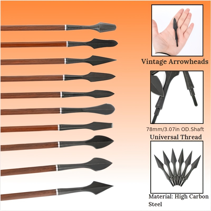 6pcs Black Steel Broadhead Arrows with Wooden Shafts - Screw-In Tip for Crossbow, Compound, Recurve & Longbow Hunting - Traditional Arrowhead Design for Precision Archery, Archery Accessories