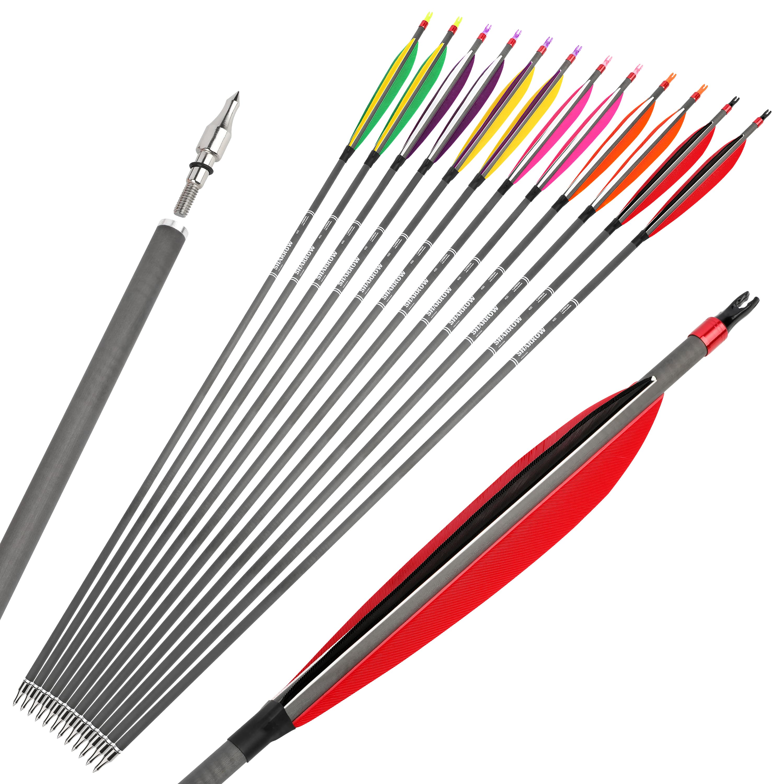 SHARROW HX Carbon Arrows with 6" Feather Fletching Spine 400 (12 Pack)-CHN Archery