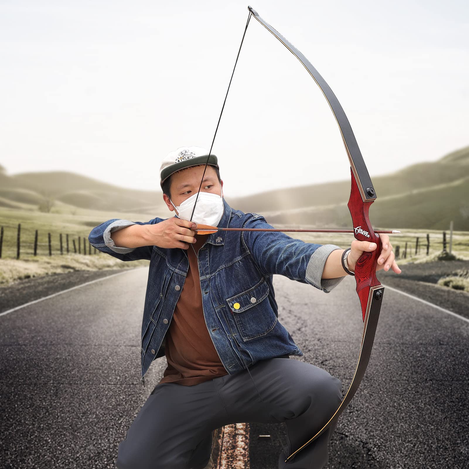 BLACK HUNTER 60" Traditional Wood Hunting Recurve Bow 25-60 lbs