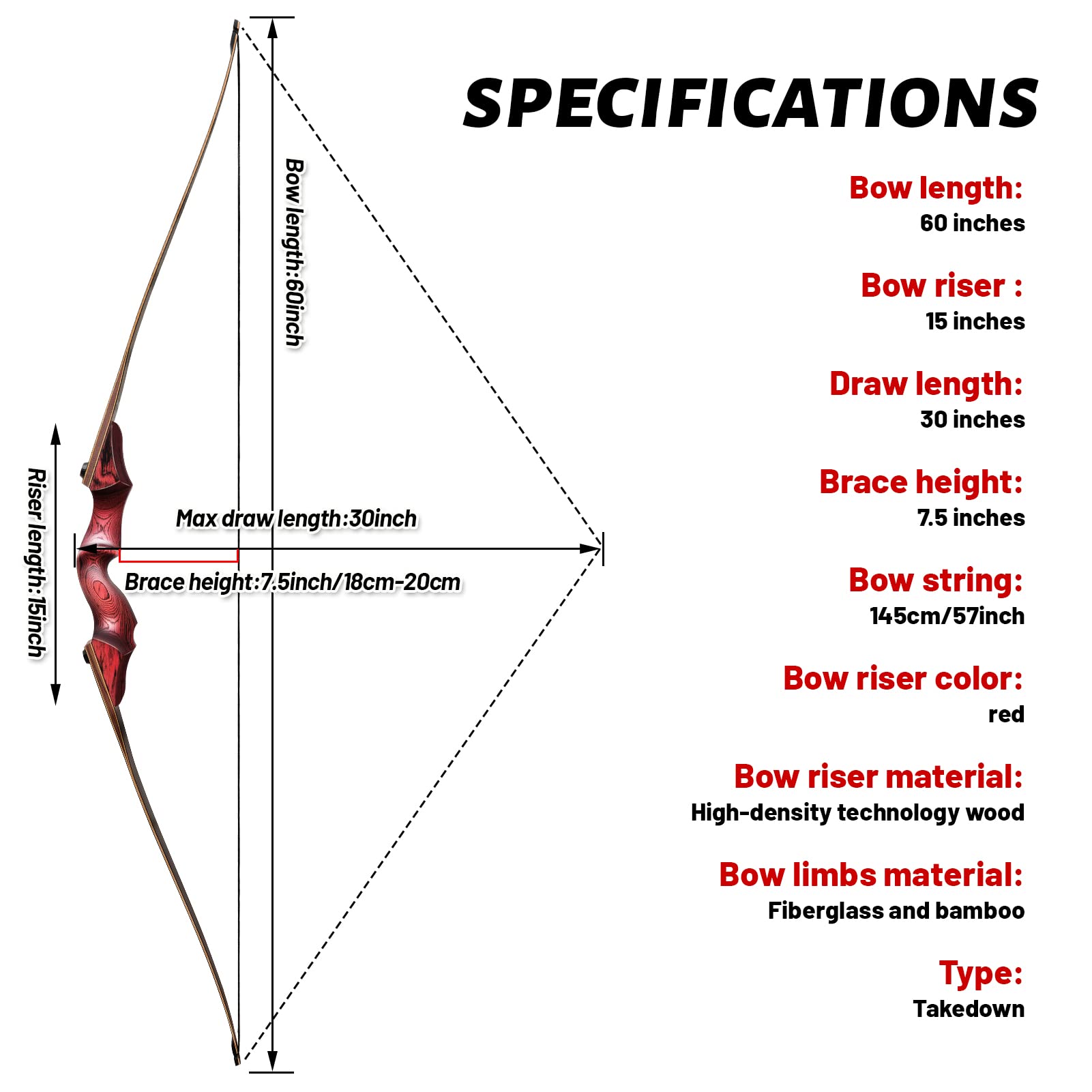 BLACK HUNTER 60" Traditional Wood Hunting Recurve Bow 25-60 lbs