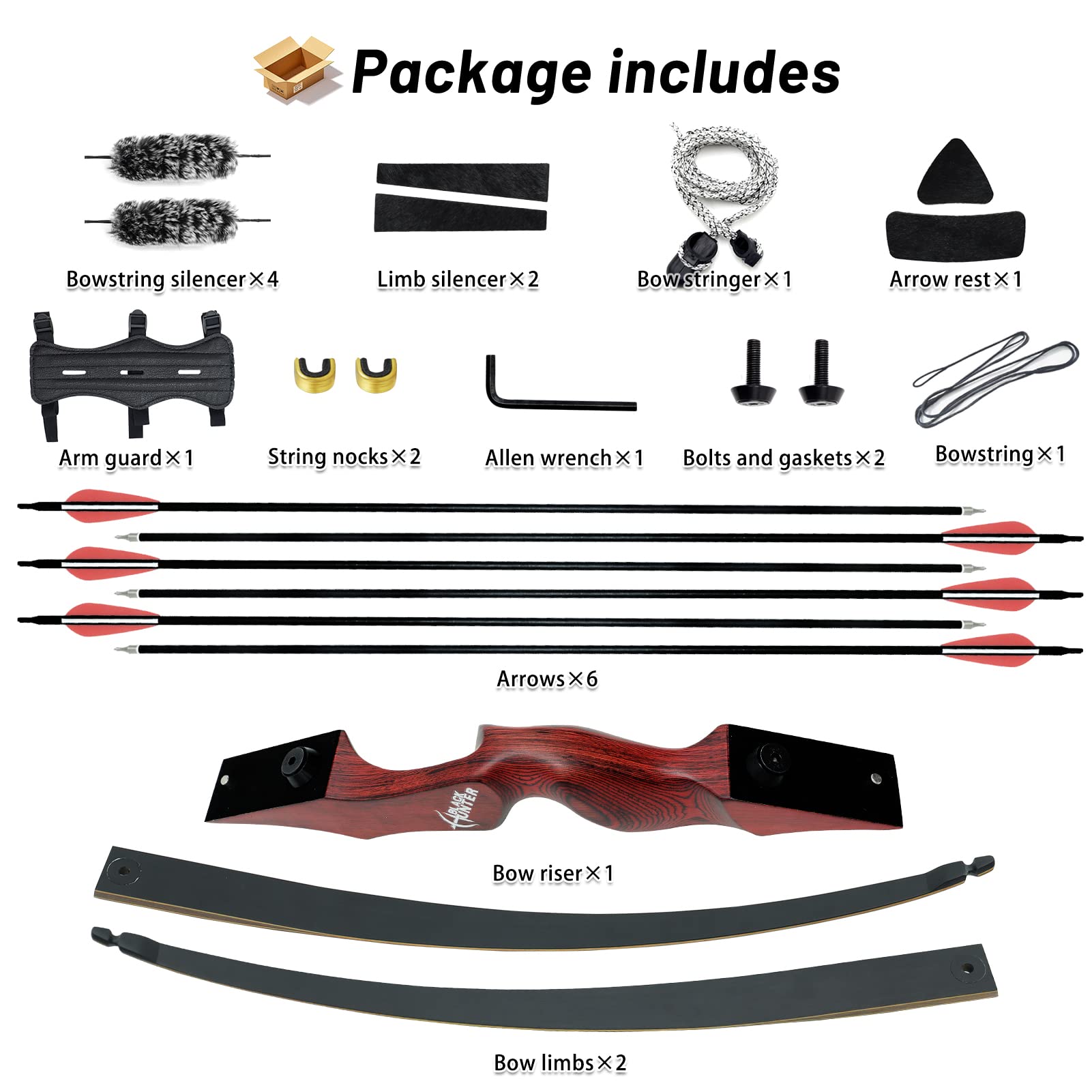 BLACK HUNTER 60" Traditional Wood Hunting Recurve Bow 25-60 lbs