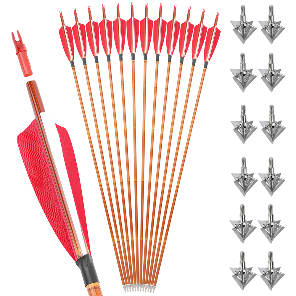 12pcs 30" Spine 500 Bamboo Pattern Mixed Carbon Arrows with 12 Extra Cross-Star Arrowheads – Stable Flight Set