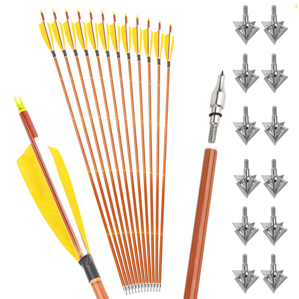 12pcs 30" Spine 500 Bamboo Pattern Mixed Carbon Arrows with 12 Extra Cross-Star Arrowheads – Stable Flight Set