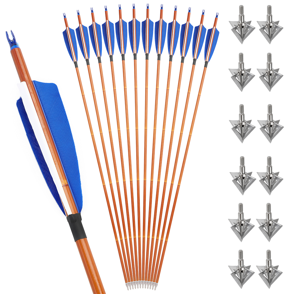 12pcs 30" Spine 500 Bamboo Pattern Mixed Carbon Arrows with 12 Extra Cross-Star Arrowheads – Stable Flight Set