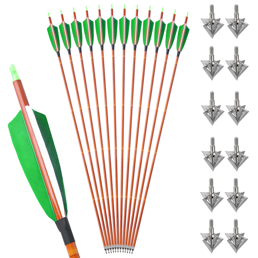 12pcs 30" Spine 500 Bamboo Pattern Mixed Carbon Arrows with 12 Extra Cross-Star Arrowheads – Stable Flight Set