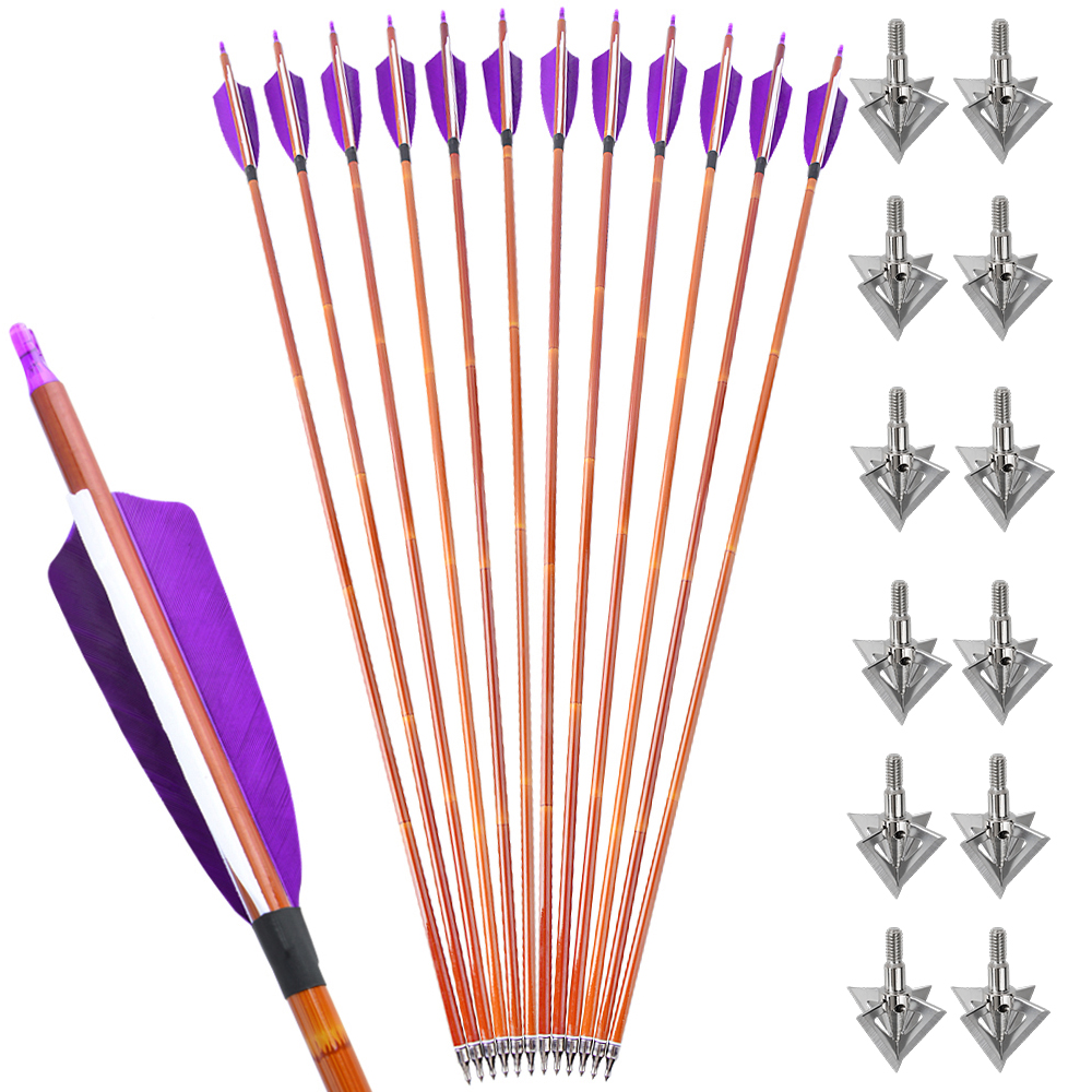 12pcs 30" Spine 500 Bamboo Pattern Mixed Carbon Arrows with 12 Extra Cross-Star Arrowheads – Stable Flight Set