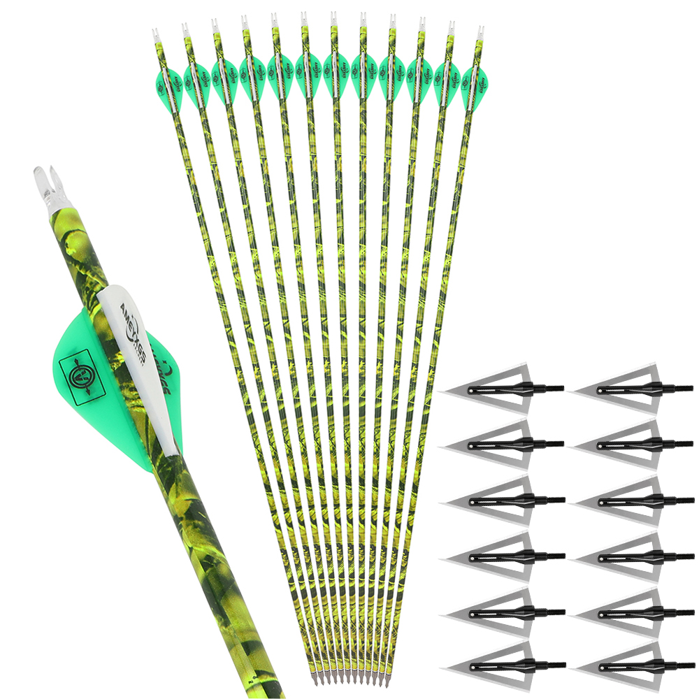 12PCS Camouflage Mixed Carbon Arrows 500 Spine 30in – Green Forest, Yellow, Red
