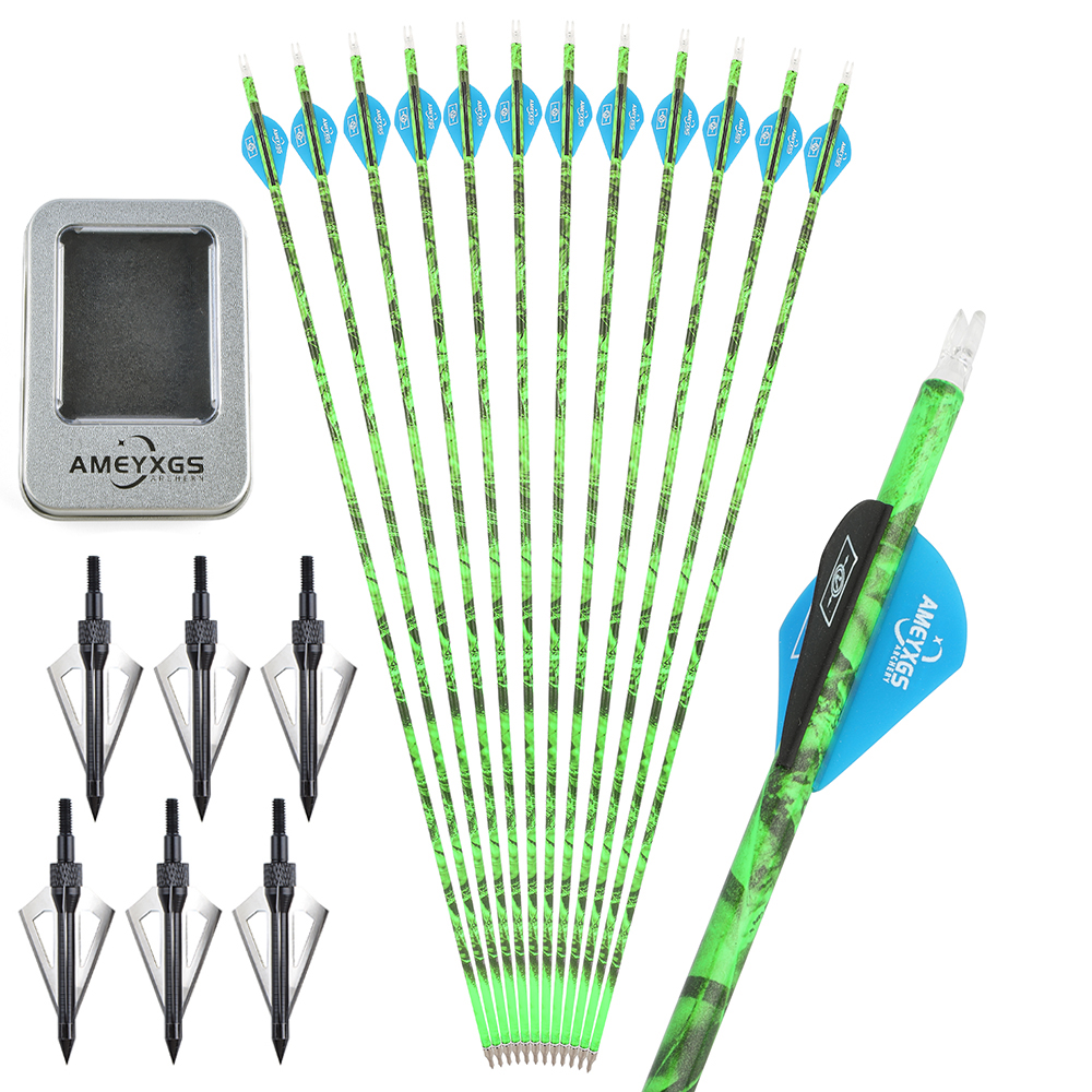 12PCS Camouflage Mixed Carbon Arrows 500 Spine 30in – Green Forest, Yellow, Red