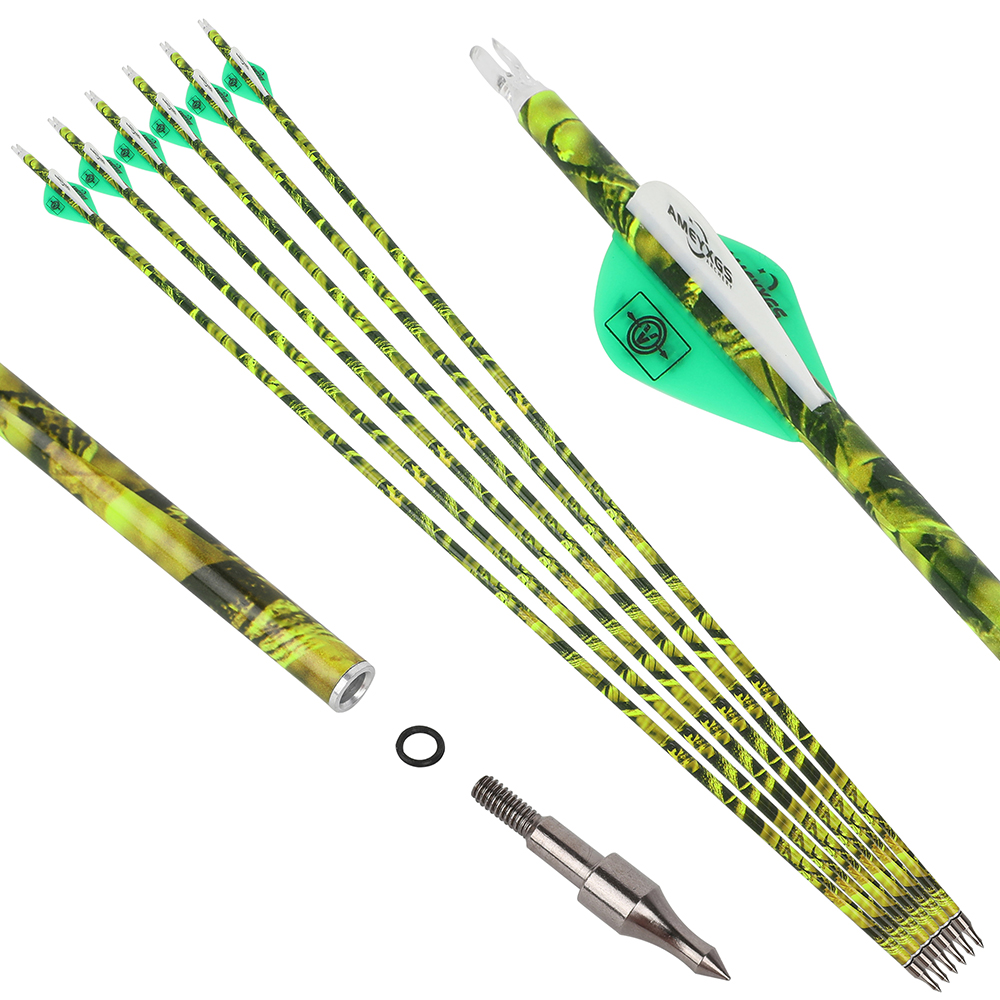 12PCS Camouflage Mixed Carbon Arrows 500 Spine 30in – Green Forest, Yellow, Red