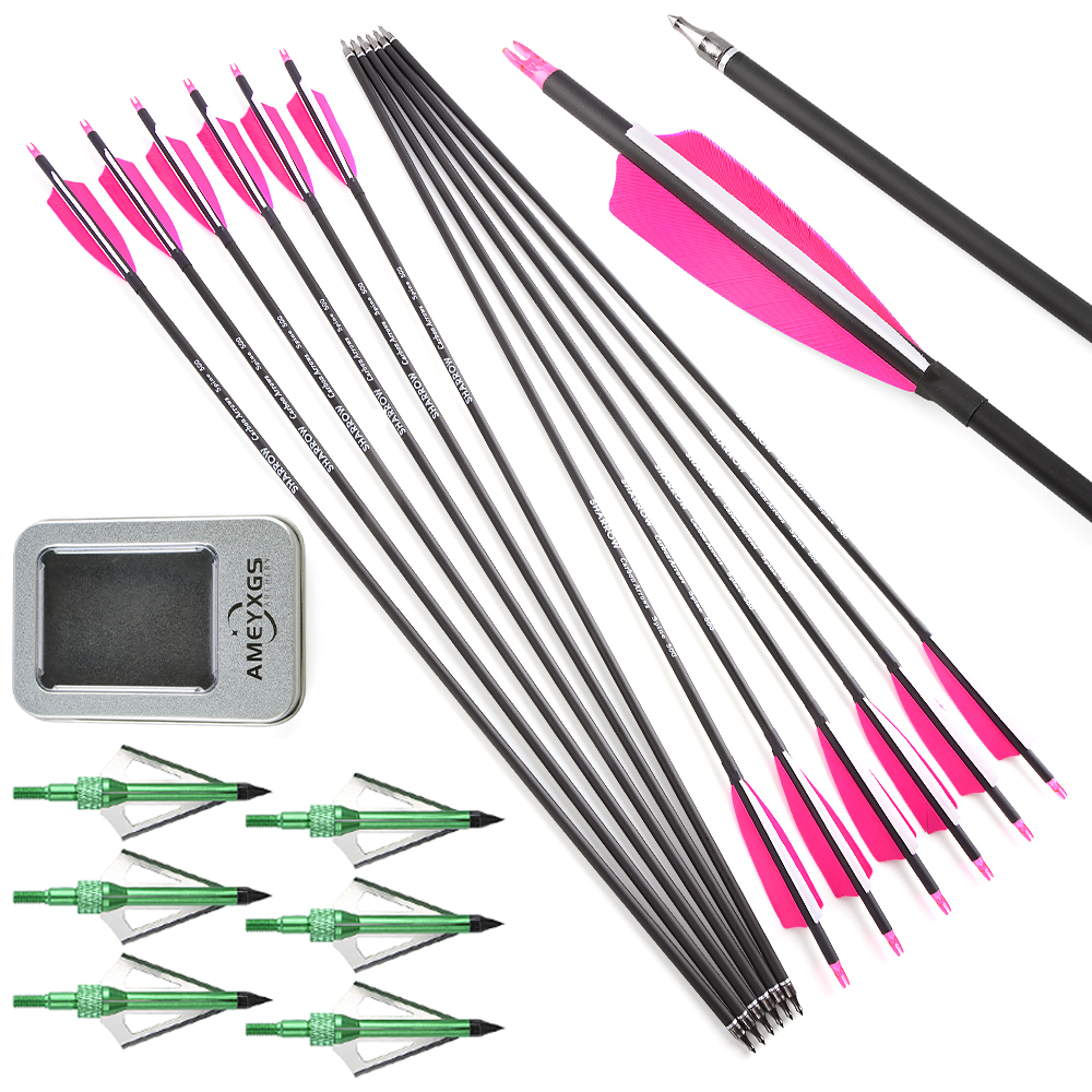 Mixed Carbon Arrows for Archery – Green Jade Arrowheads with Pink/White & Orange/White Feathers