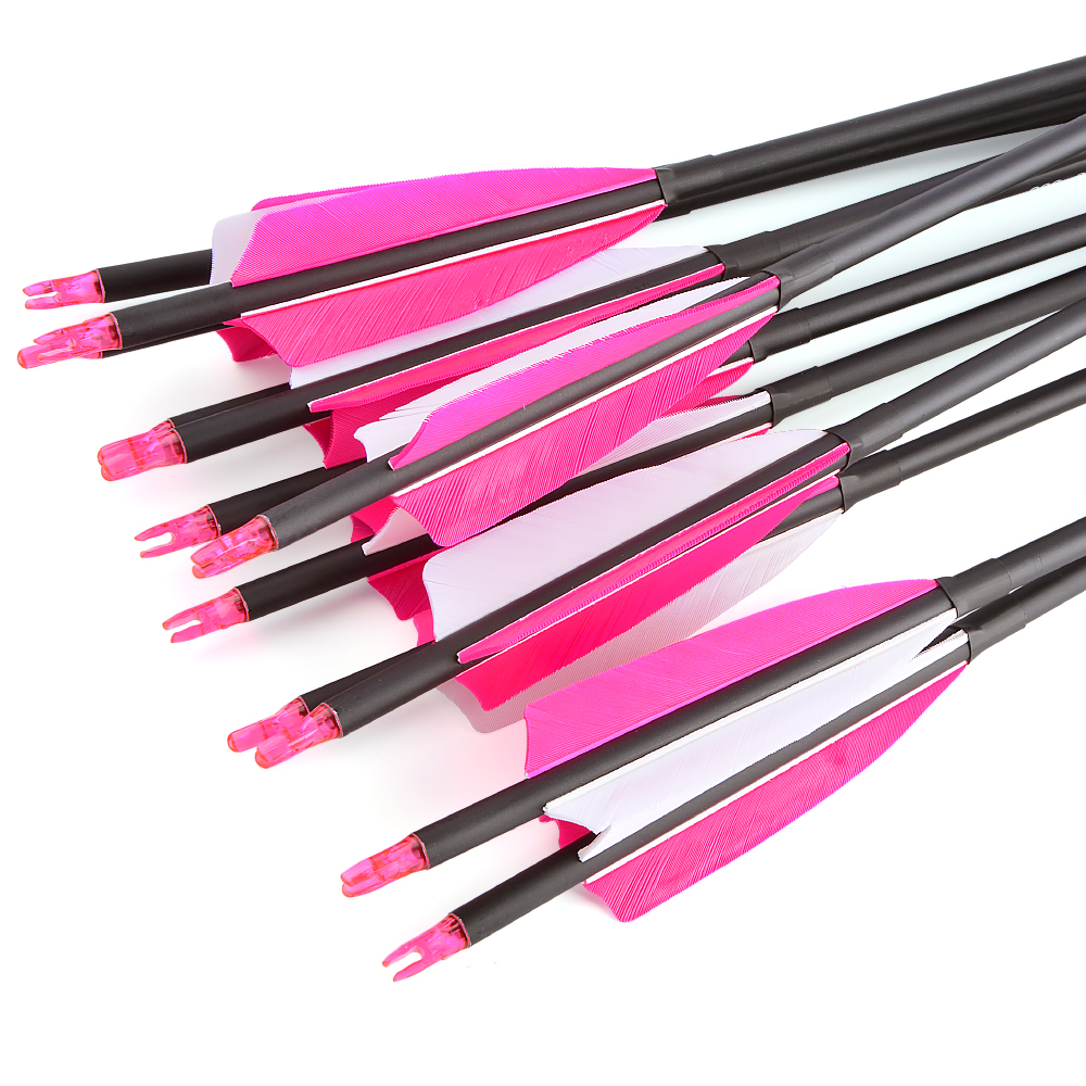 Mixed Carbon Arrows for Archery – Green Jade Arrowheads with Pink/White & Orange/White Feathers
