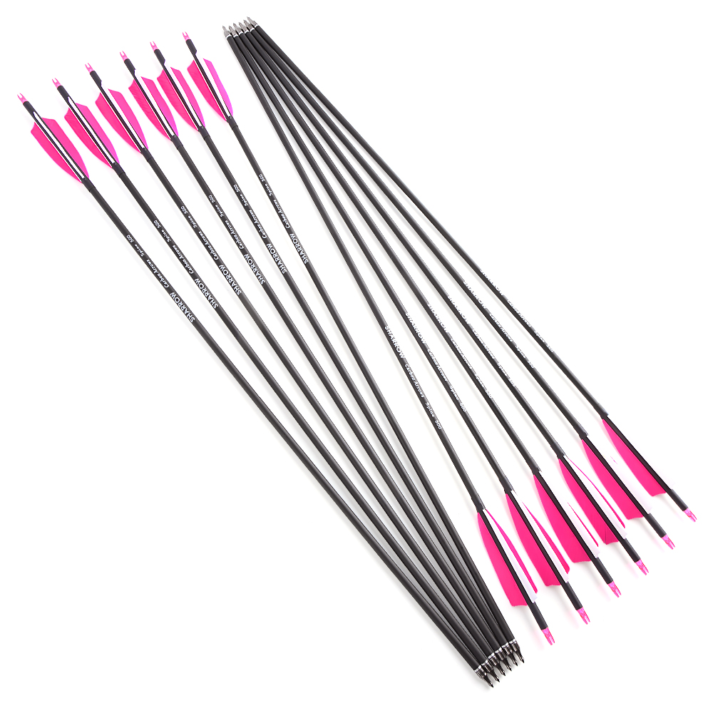Mixed Carbon Arrows for Archery – Green Jade Arrowheads with Pink/White & Orange/White Feathers