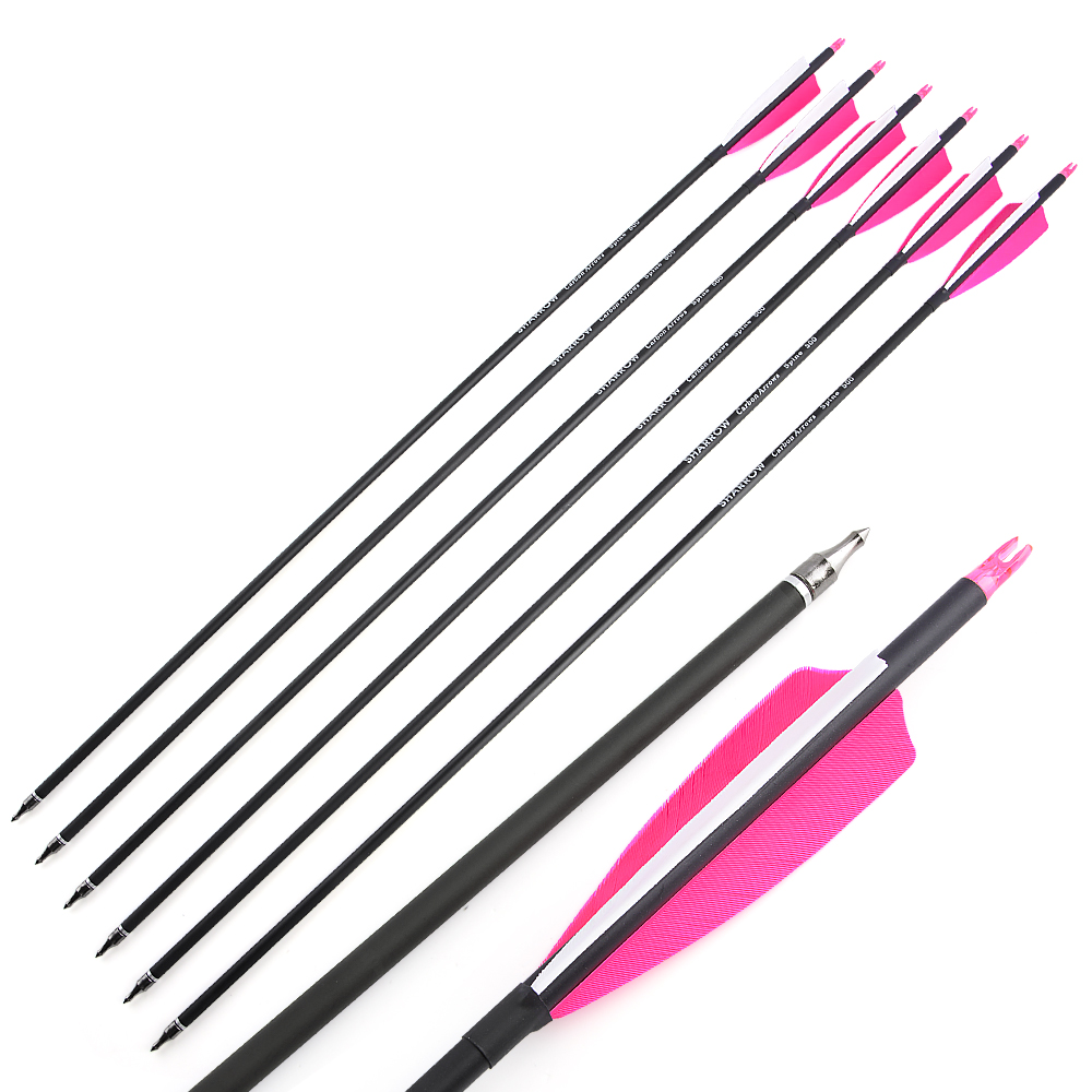 Mixed Carbon Arrows for Archery – Green Jade Arrowheads with Pink/White & Orange/White Feathers