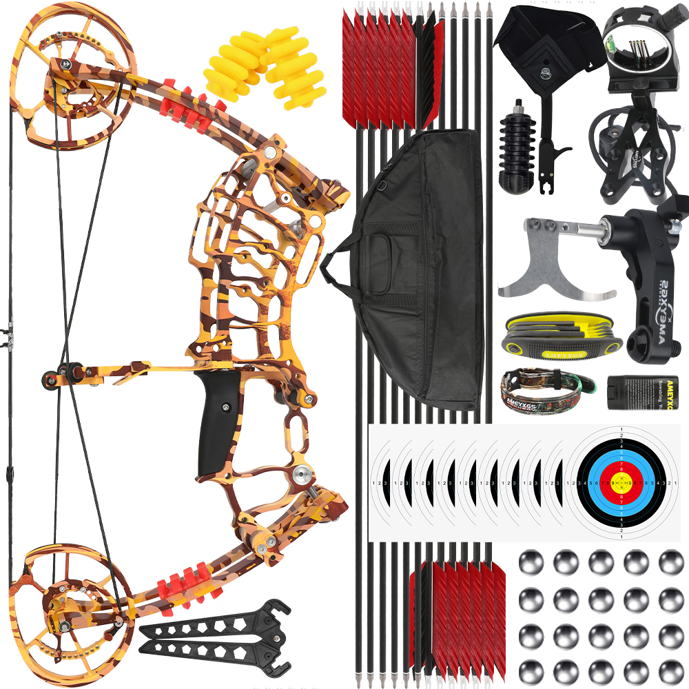 JUNXING Yellow Camo Dual Use Compound Bow 30-70lbs Hunting Bowfishing Set