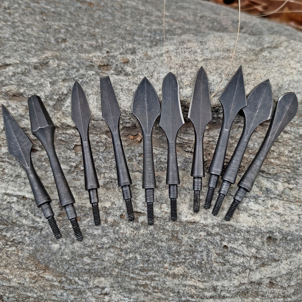 6pcs Black Steel Broadhead Arrows with Wooden Shafts - Screw-In Tip for Crossbow, Compound, Recurve & Longbow Hunting - Traditional Arrowhead Design for Precision Archery, Archery Accessories