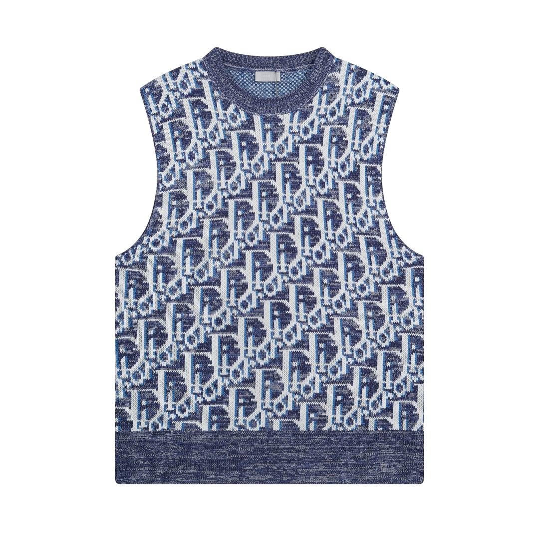 Dior new early autumn blue wool fabric Oblique printed knitted vest