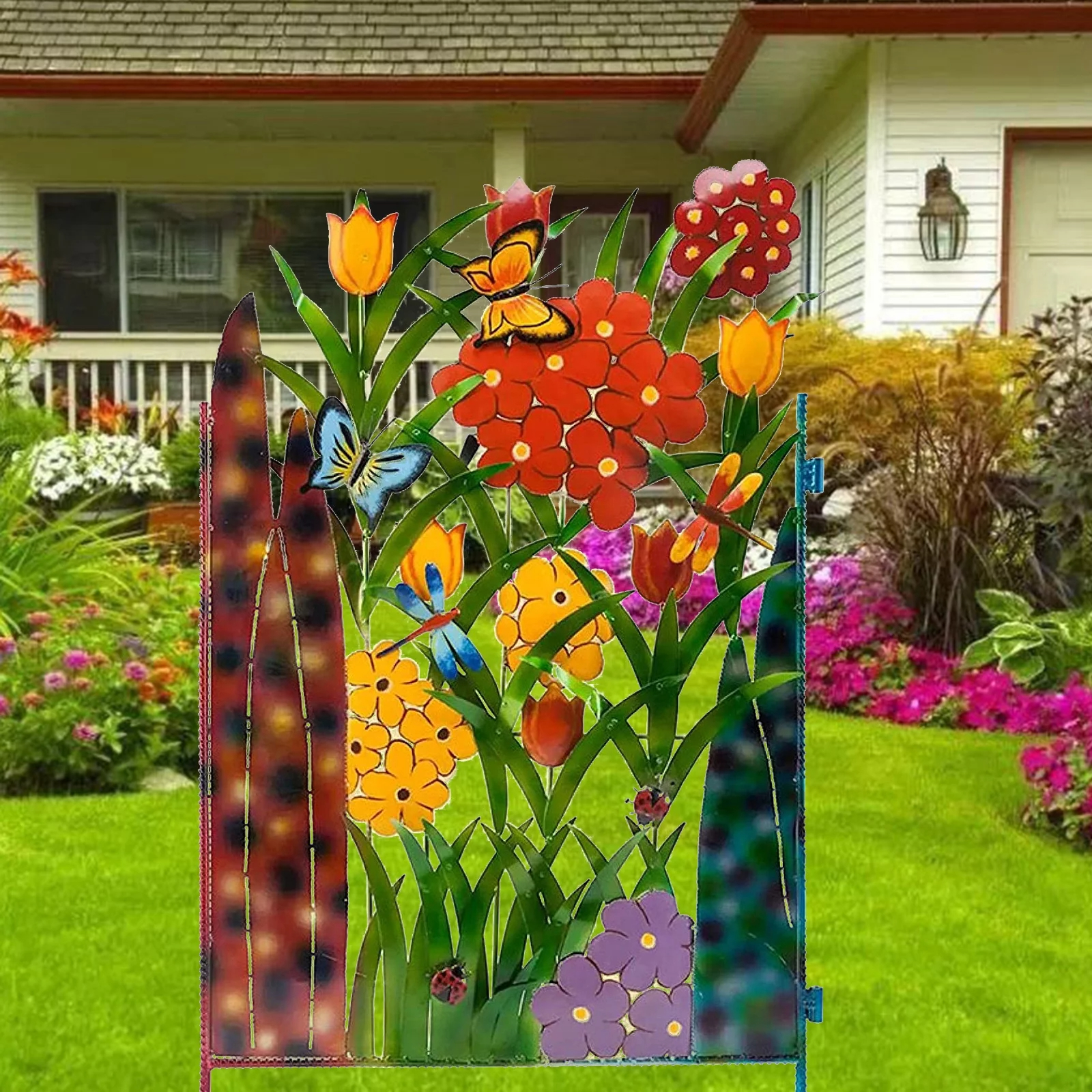COLORFUL METAL BUTTERFLY AND FLOWER GARDEN SCREEN