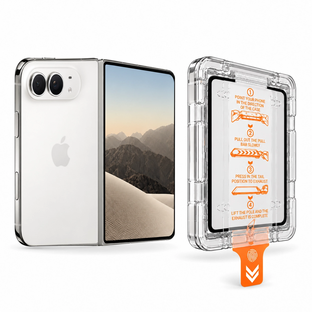 iPhone Duo shown beside the cover screen protector alignment box with orange pull tab