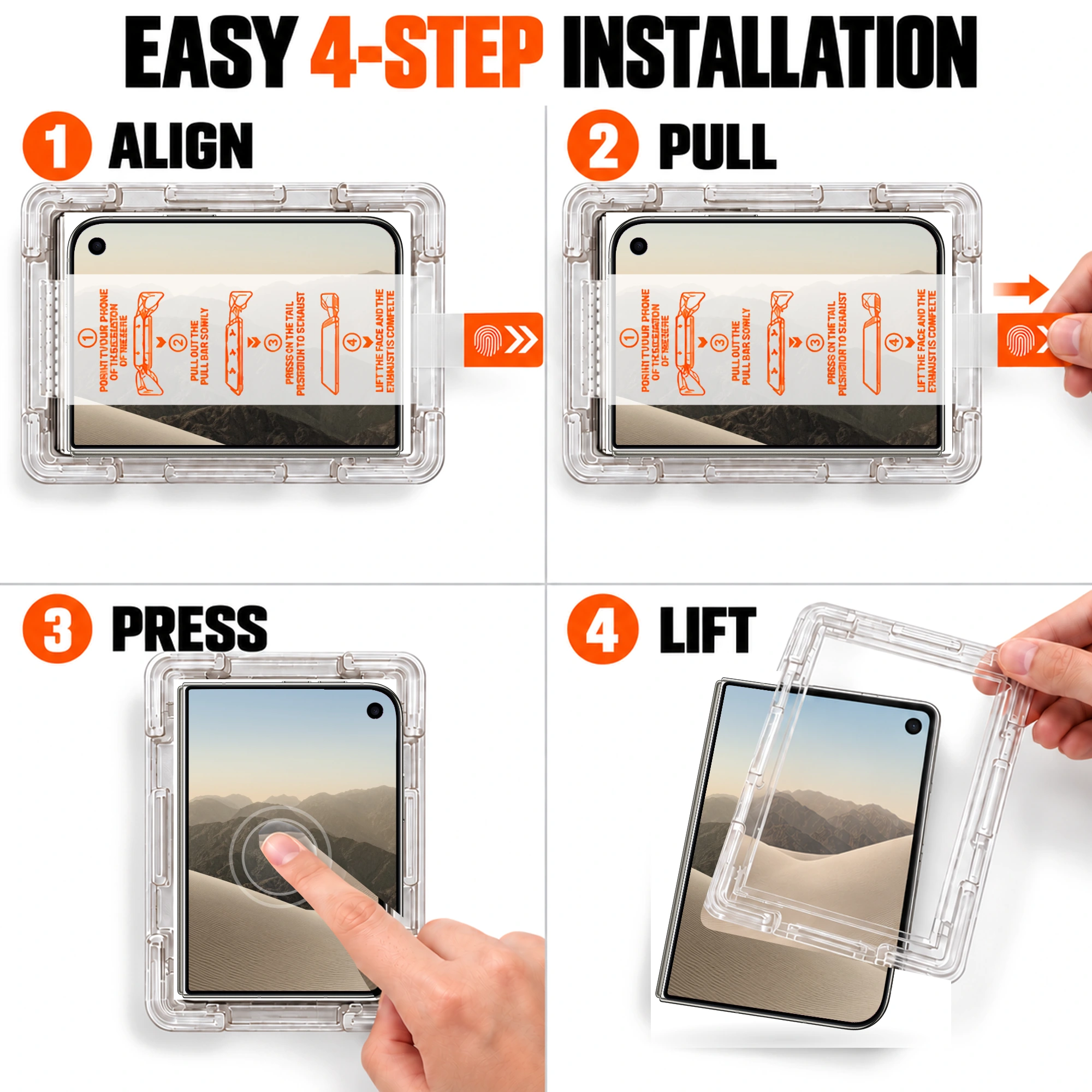 Four-step iPhone Duo screen protector installation: align, pull, press and lift