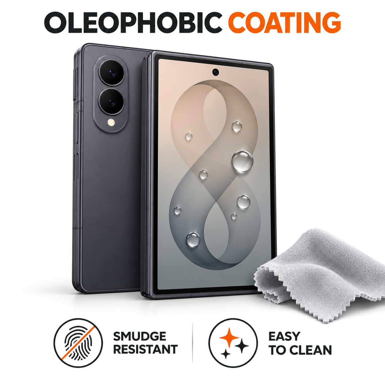 Oleophobic coating on Galaxy Z Fold8 cover screen protector with water droplets and cleaning cloth