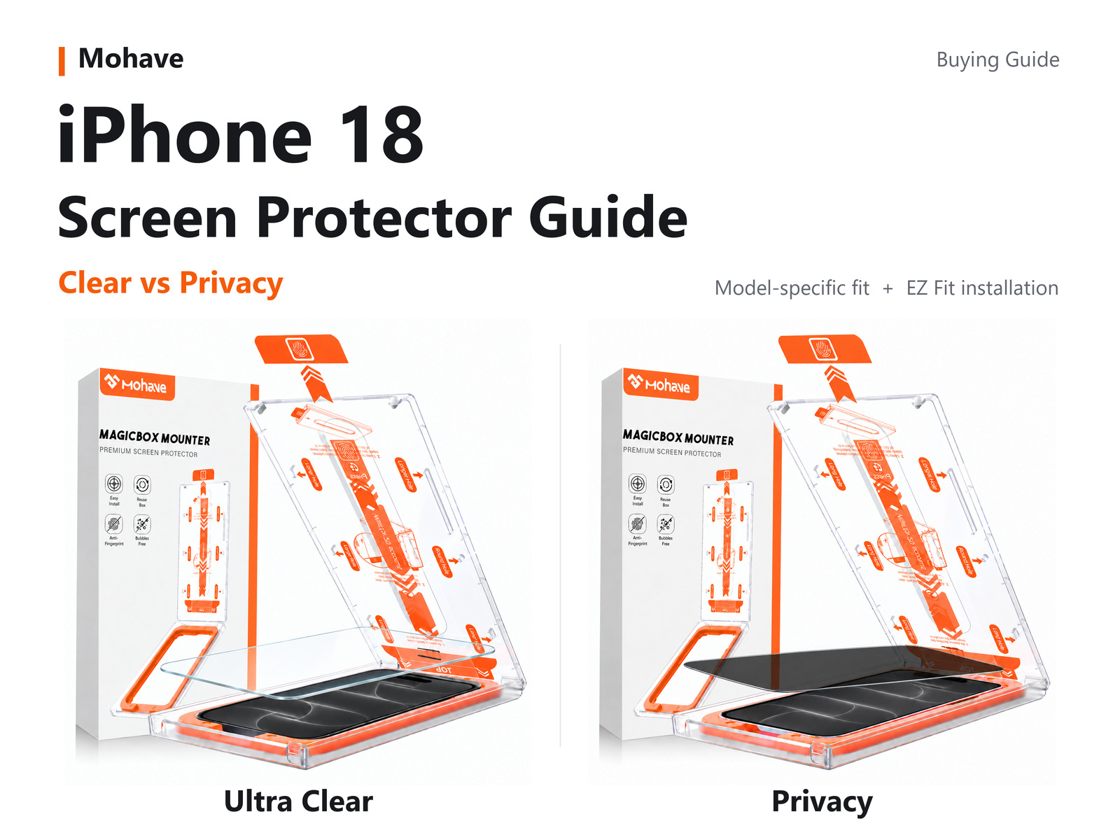 Mohave iPhone 18 series Ultra Clear and Privacy screen protectors with orange EZ Fit installation boxes