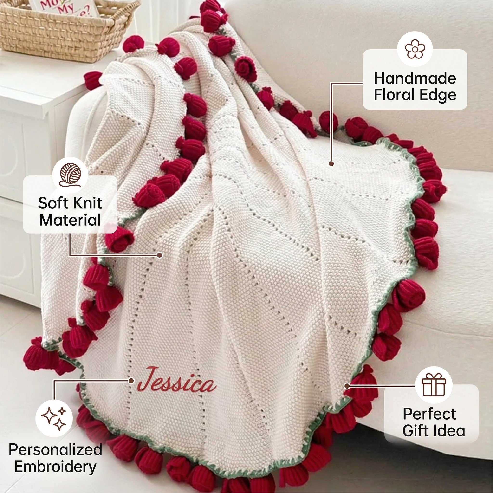 Custom Crochet Rose Blanket with Name - Foldable Bouquet Gift