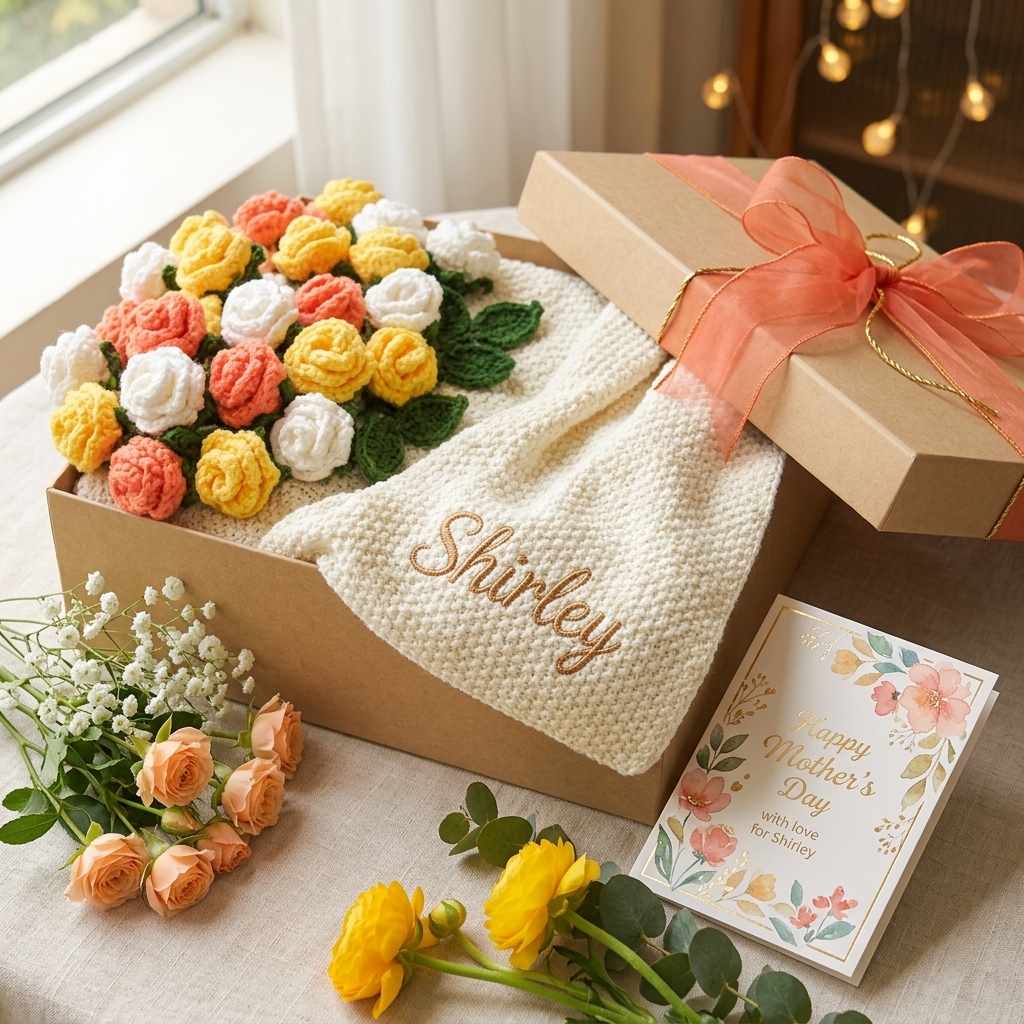 Custom Crochet Rose Blanket with Name - Foldable Bouquet Gift