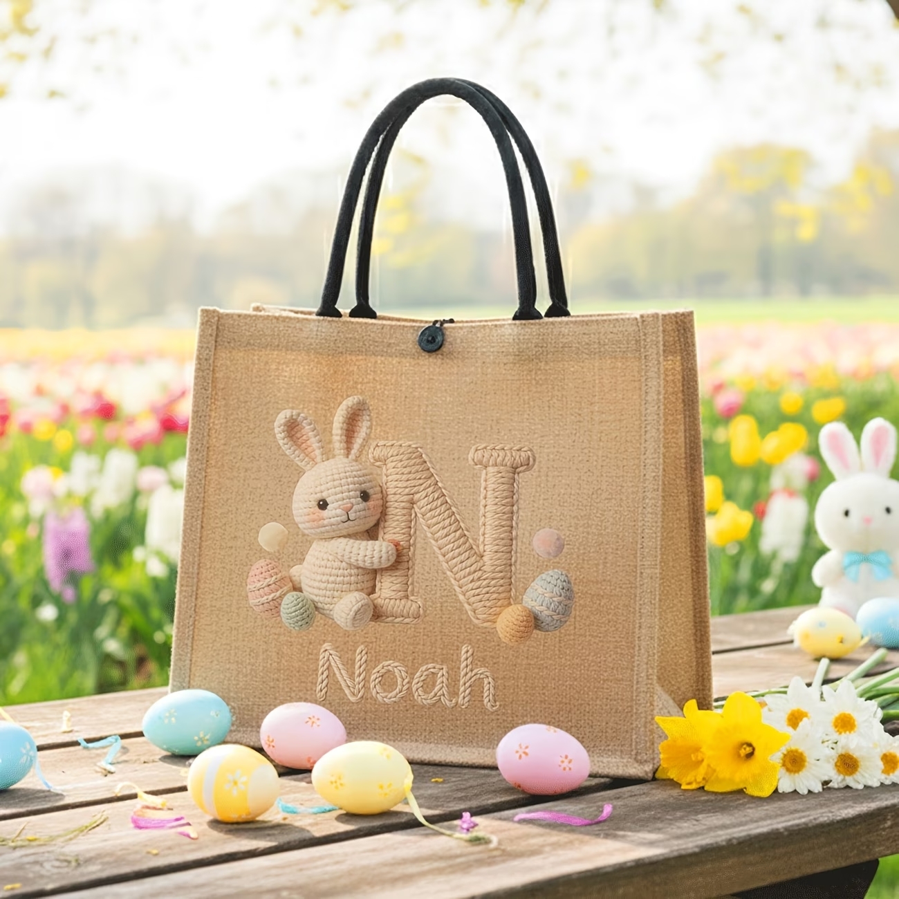 Personalized Easter Bunny Jute Tote Bag – Custom Name & 3D Knit Initial - Eco-Friendly Easter Egg Hunt Basket