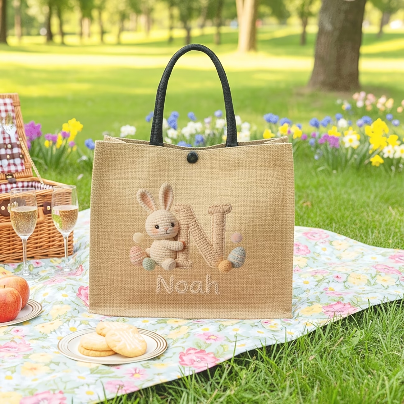 Personalized Easter Bunny Jute Tote Bag – Custom Name & 3D Knit Initial - Eco-Friendly Easter Egg Hunt Basket