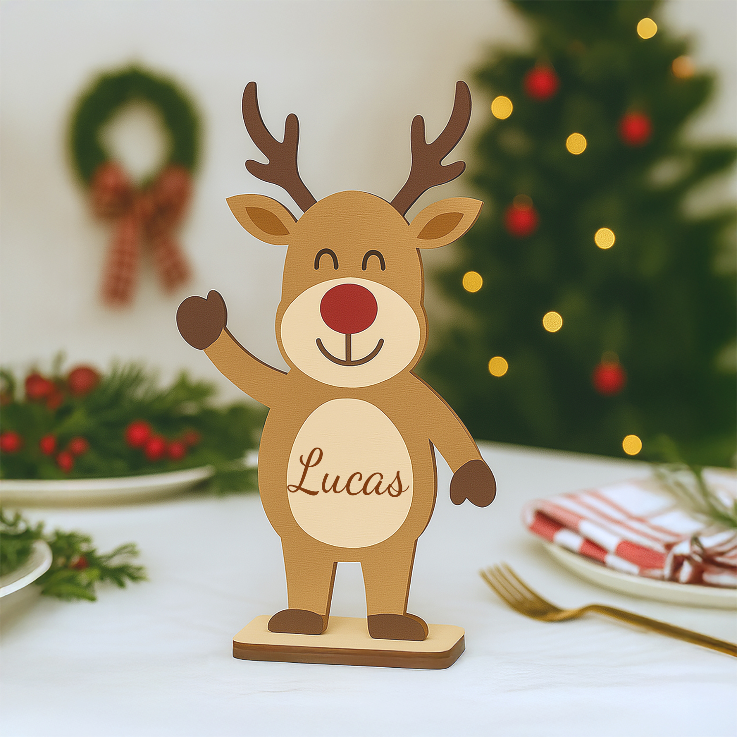 Personalized Freestanding Smiling Reindeer - Christmas Decor