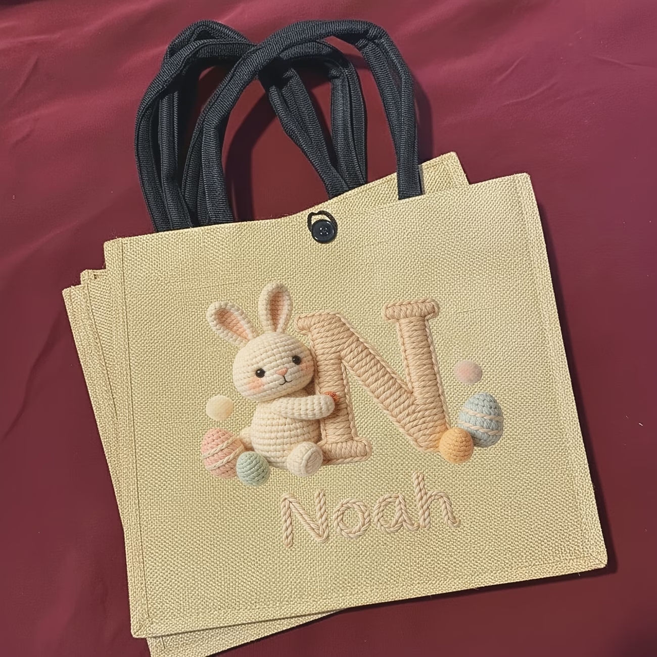 Personalized Easter Bunny Jute Tote Bag – Custom Name & 3D Knit Initial - Eco-Friendly Easter Egg Hunt Basket