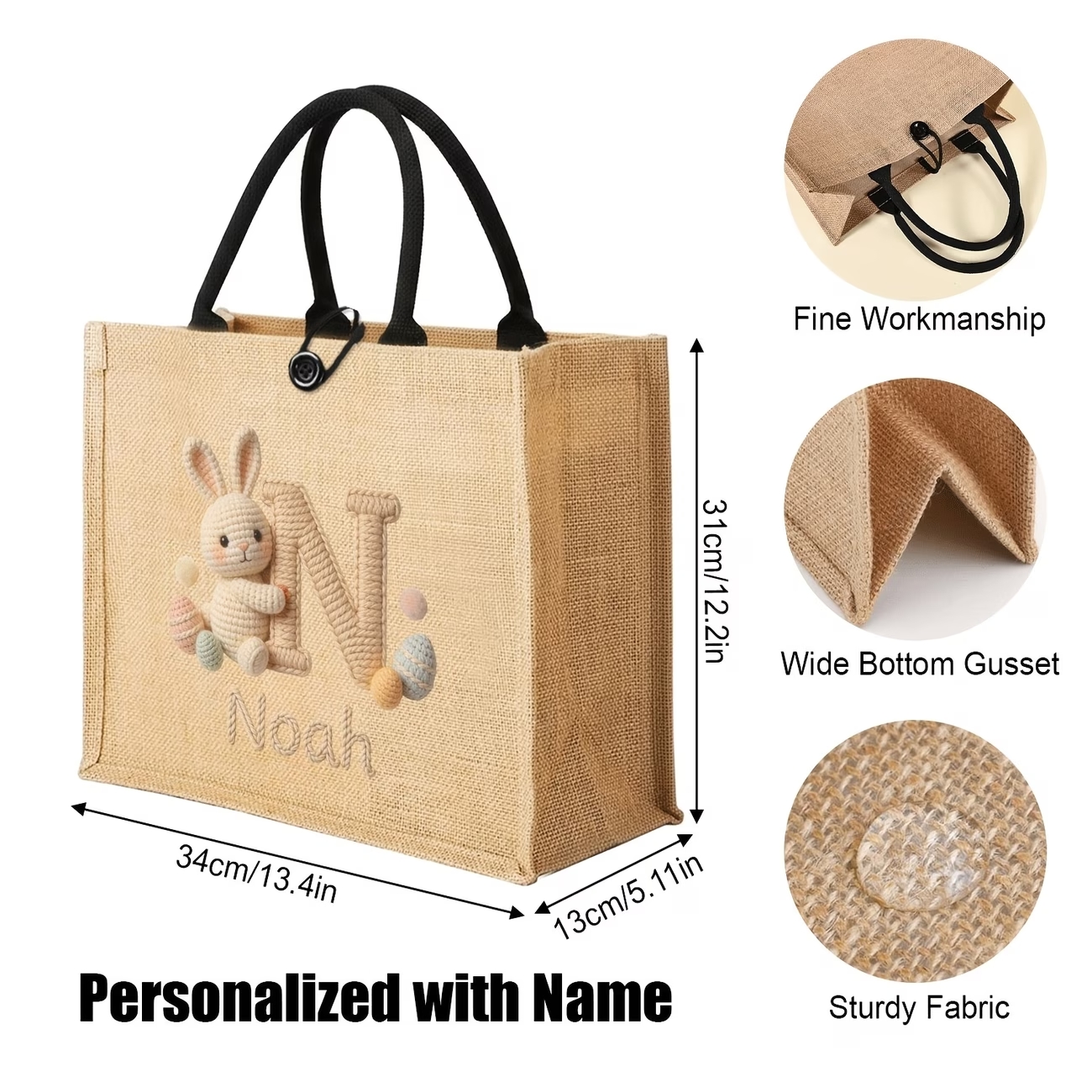 Personalized Easter Bunny Jute Tote Bag – Custom Name & 3D Knit Initial - Eco-Friendly Easter Egg Hunt Basket