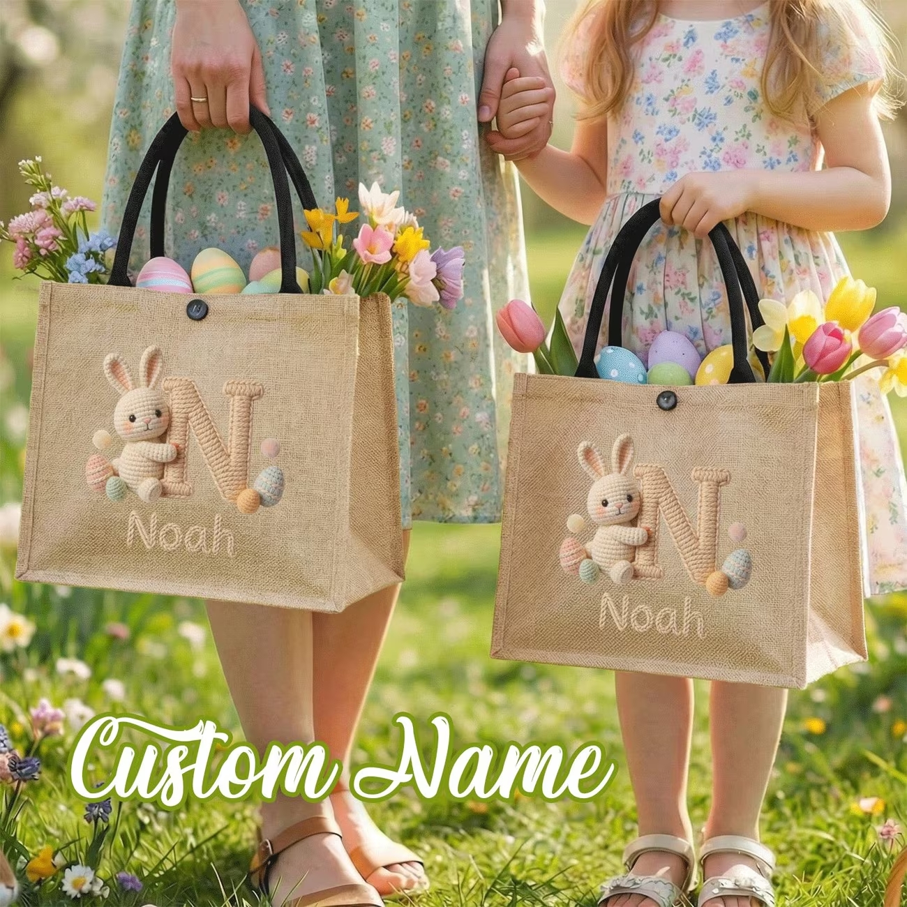 Personalized Easter Bunny Jute Tote Bag – Custom Name & 3D Knit Initial - Eco-Friendly Easter Egg Hunt Basket
