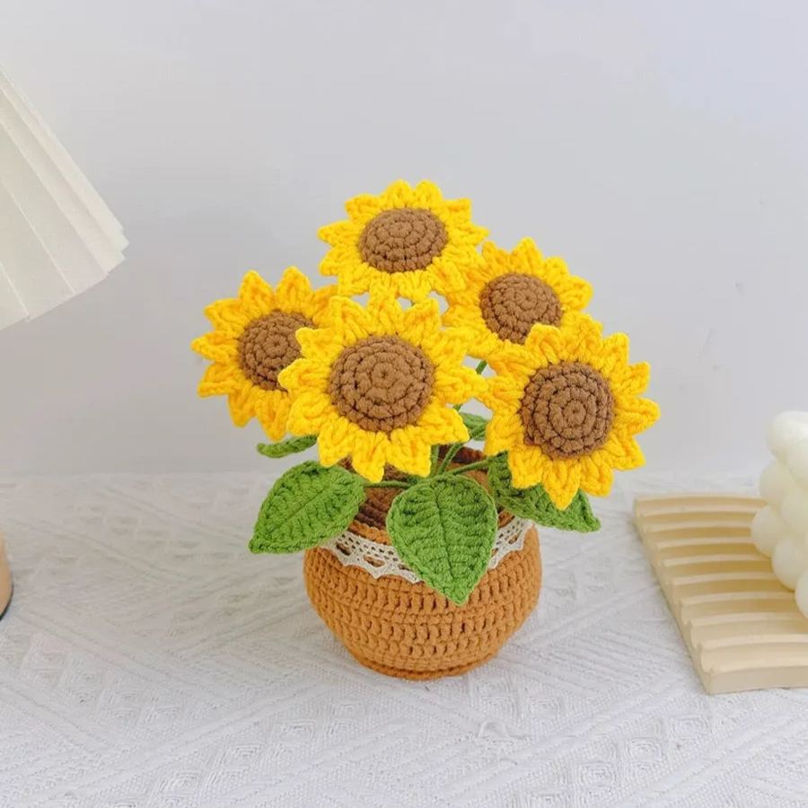 Handmade Crochet Bouquet Potted Plants with Exquisite Pot
