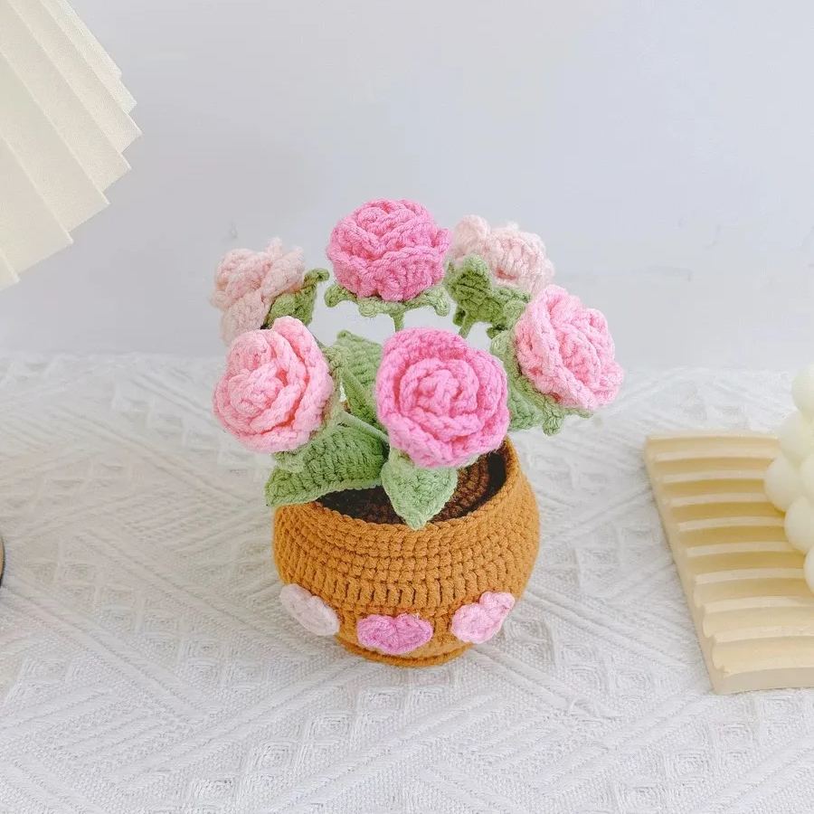 Handmade Crochet Bouquet Potted Plants with Exquisite Pot