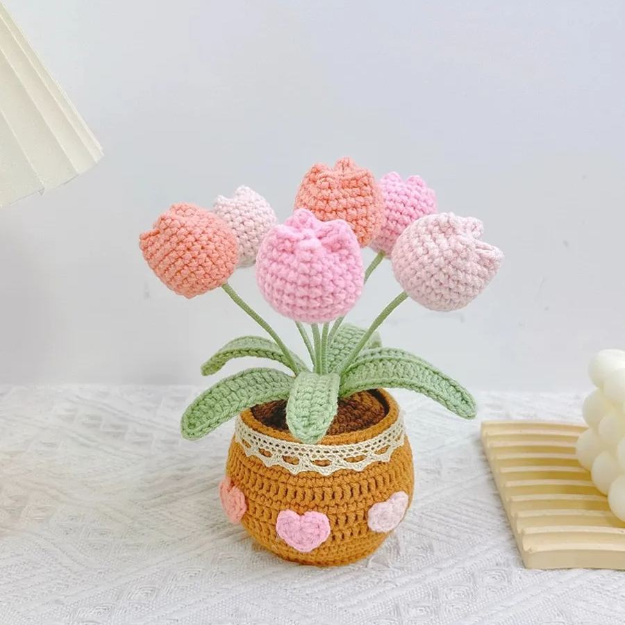 Handmade Crochet Bouquet Potted Plants with Exquisite Pot