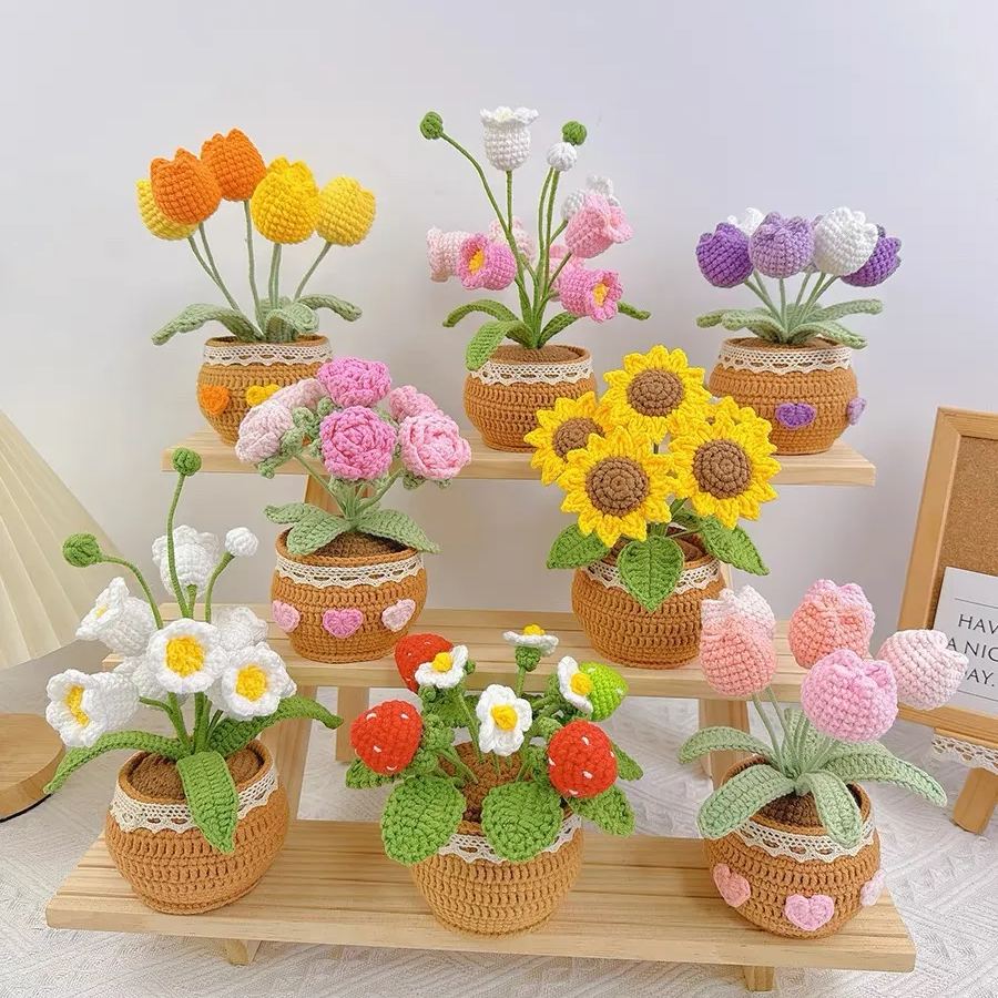 Handmade Crochet Bouquet Potted Plants with Exquisite Pot