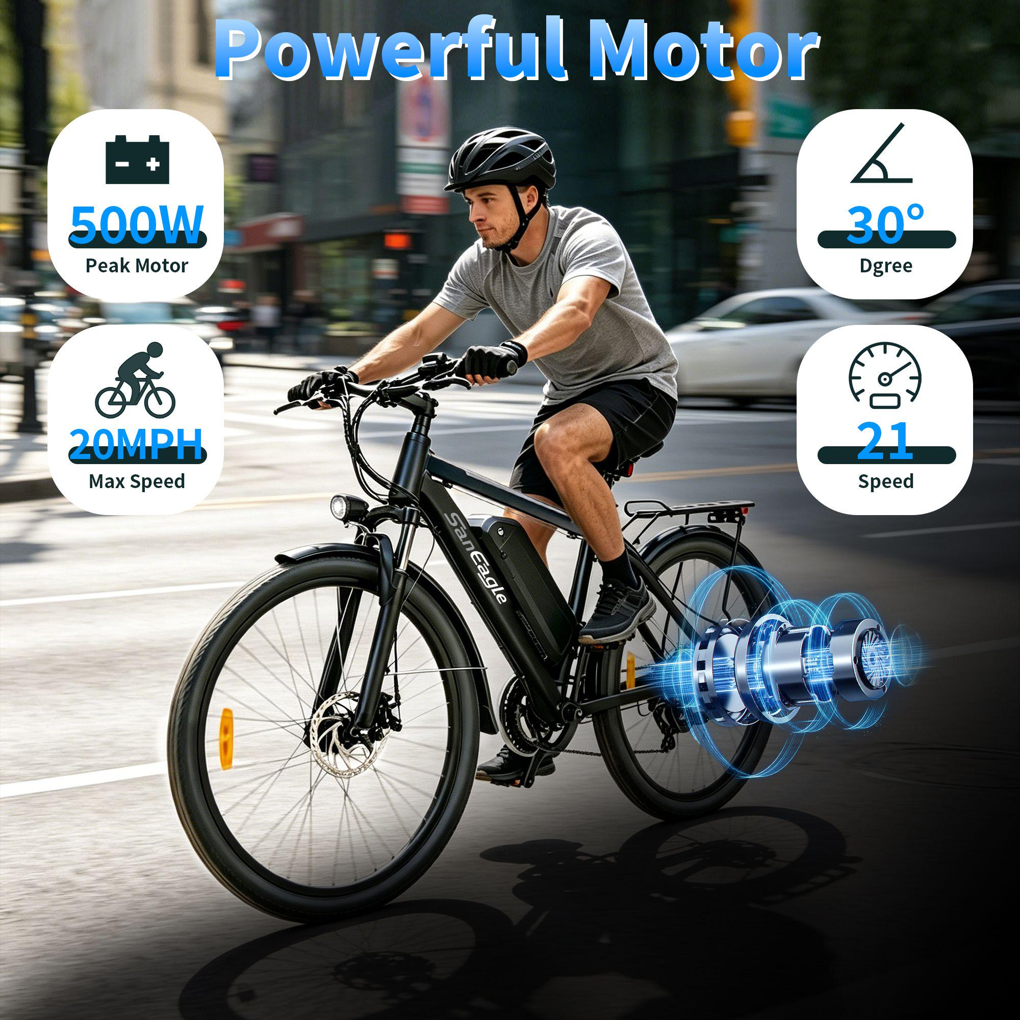 Saneagle 350W Electric Bike for Adults, 36V 10.4Ah Removable Battery, 26" Tire, Shimano 21-Speed, UL 2849 Certified, Black