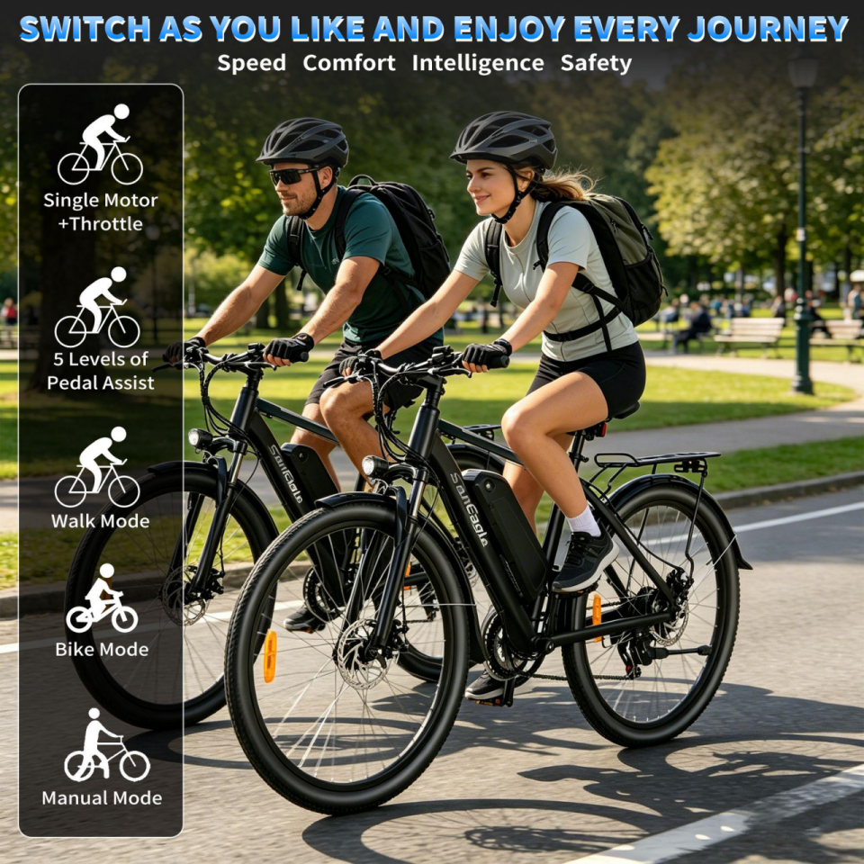 Saneagle 350W Electric Bike for Adults, 36V 10.4Ah Removable Battery, 26" Tire, Shimano 21-Speed, UL 2849 Certified, Black