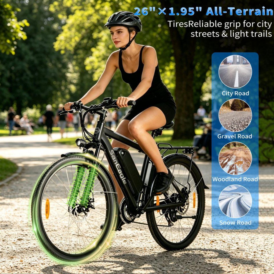 Saneagle 350W Electric Bike for Adults, 36V 10.4Ah Removable Battery, 26" Tire, Shimano 21-Speed, UL 2849 Certified, Black