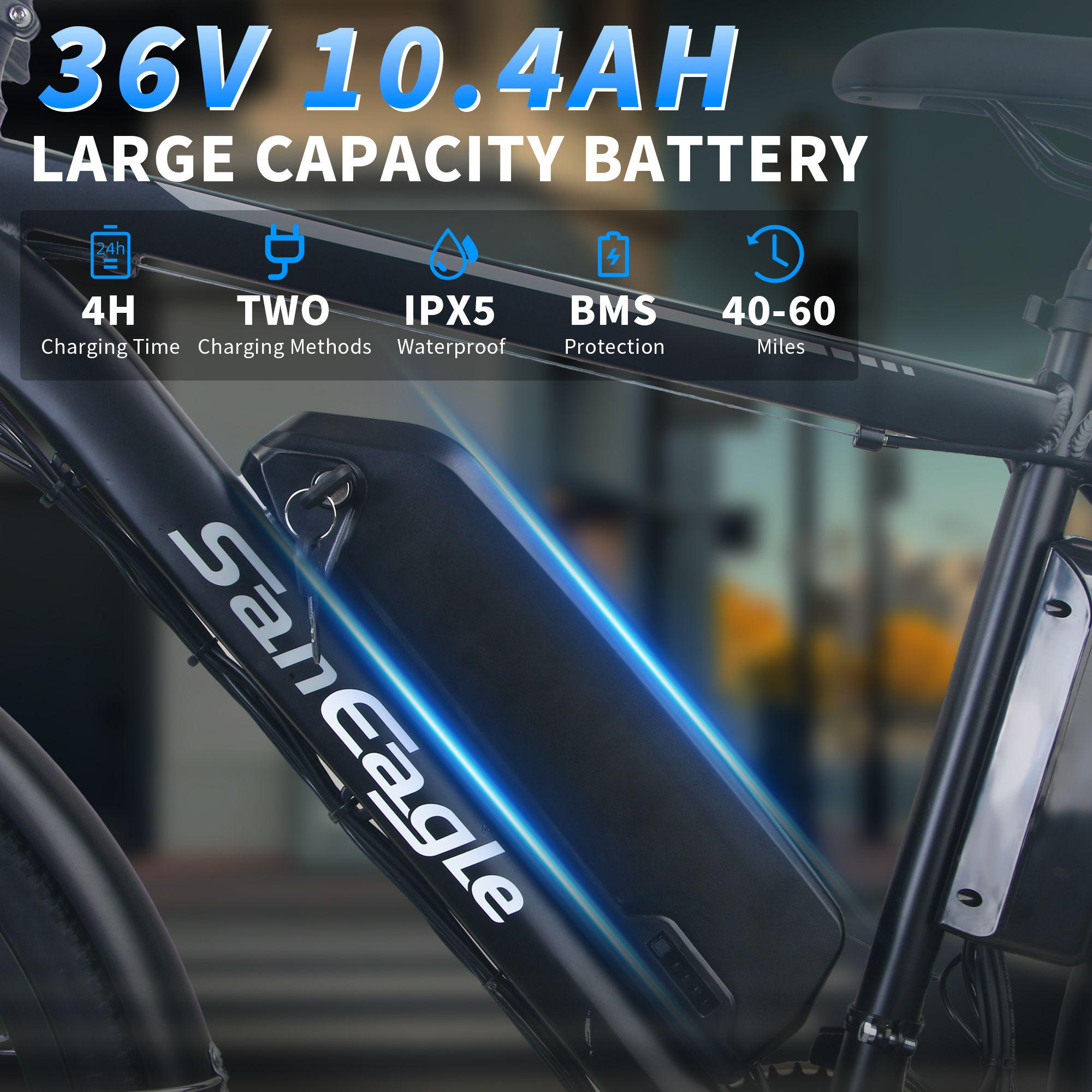 Saneagle 350W Electric Bike for Adults, 36V 10.4Ah Removable Battery, 26" Tire, Shimano 21-Speed, UL 2849 Certified, Black
