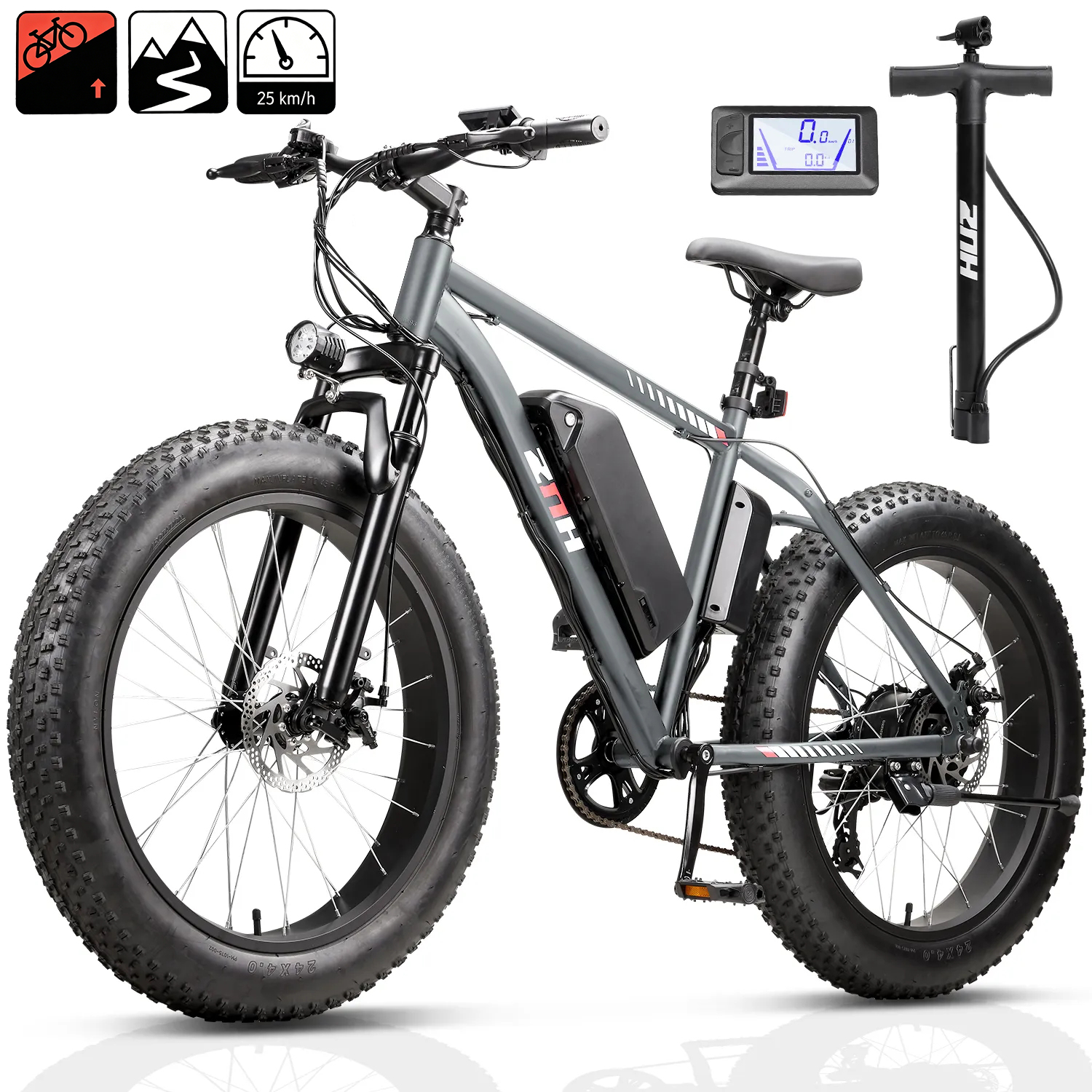 ZNH 1000w Peak Electric Bicycle for Adults w 48V 13Ah Removable Battery Up to 20mph，24”*4.0” Fat Tire Ebike for Snow & Beach，Electric Mountain Bike with 7 Speed，UL2849，Gray