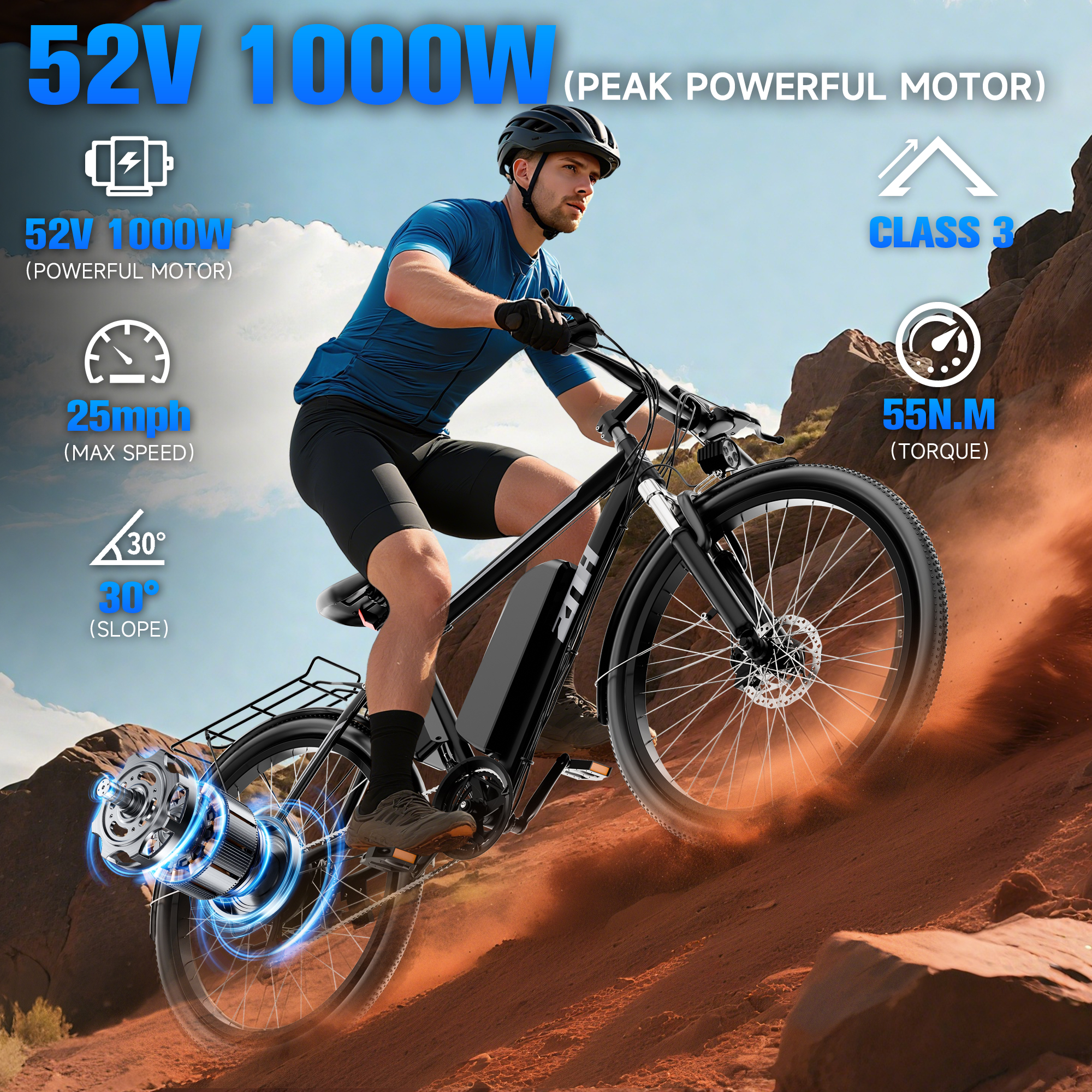 ZNH 02SR Rated 500W Peak 1000W Electric Mountain Bike for Adults, 26 Inch Off-Road E-Bike, 52V 13Ah UL2849 Removable Battery, Shimano 21-Speed Up to 70 Miles Range Ebike