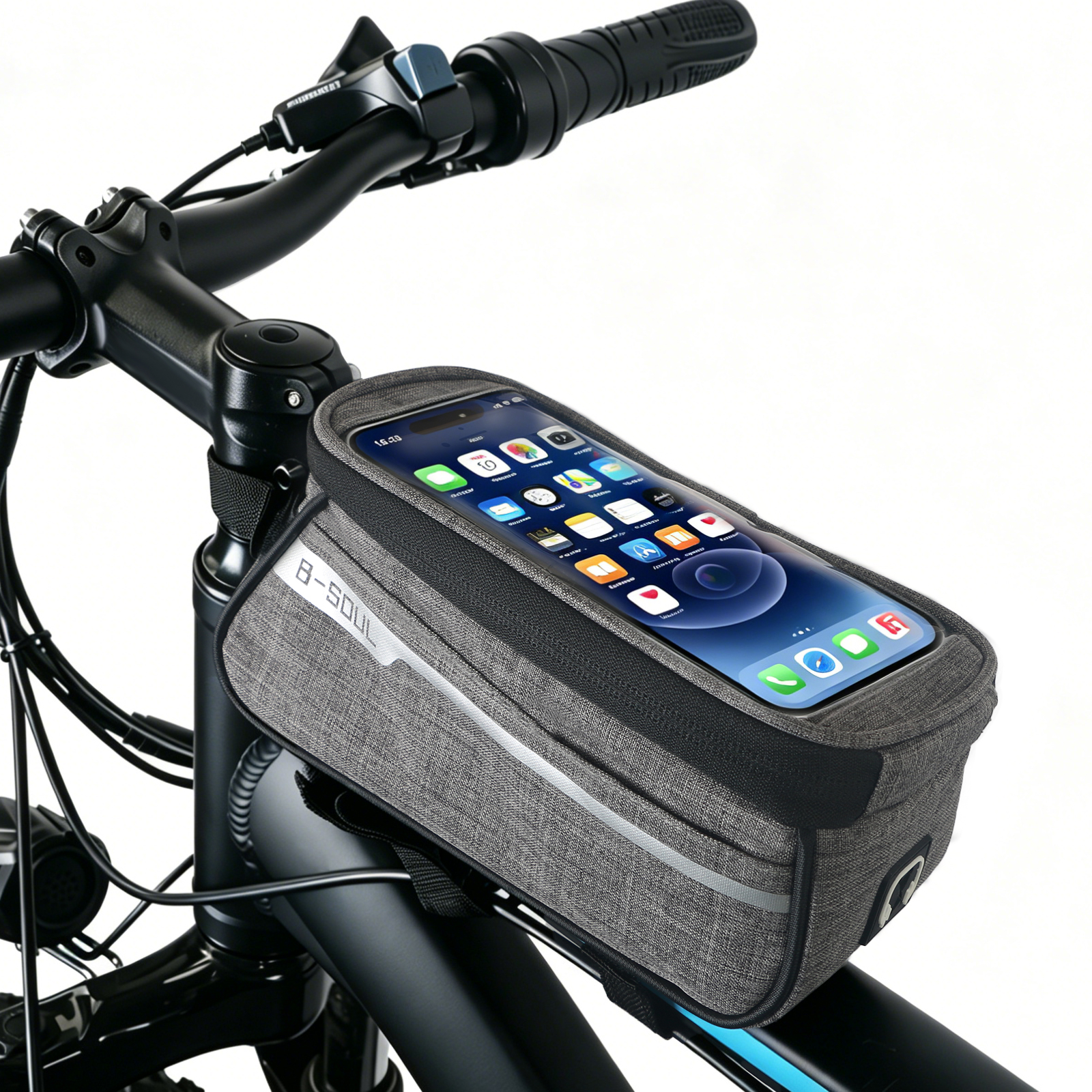 ZNH 1L Waterproof Bicycle Top Tube Bag, Sensitive Touch Screen Bike Phone Holder Pouch Fits Phones Under 7", Quick Release Top Opening Cycling Storage Bag with Headphone Port for E-Bike, Mountain Bike, Commuter Bike