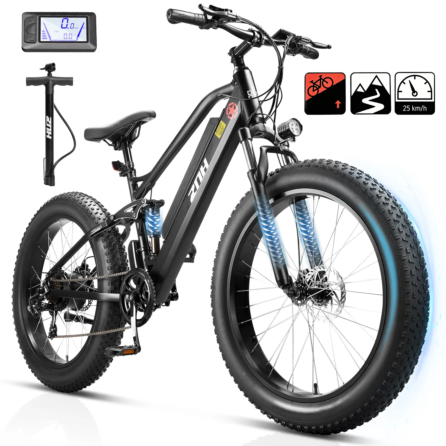 ZNH-08，26*4 Inch All-Terrain Electric Mountain Bike ，Full Suspension– 1000W Motor, 50 Miles Range