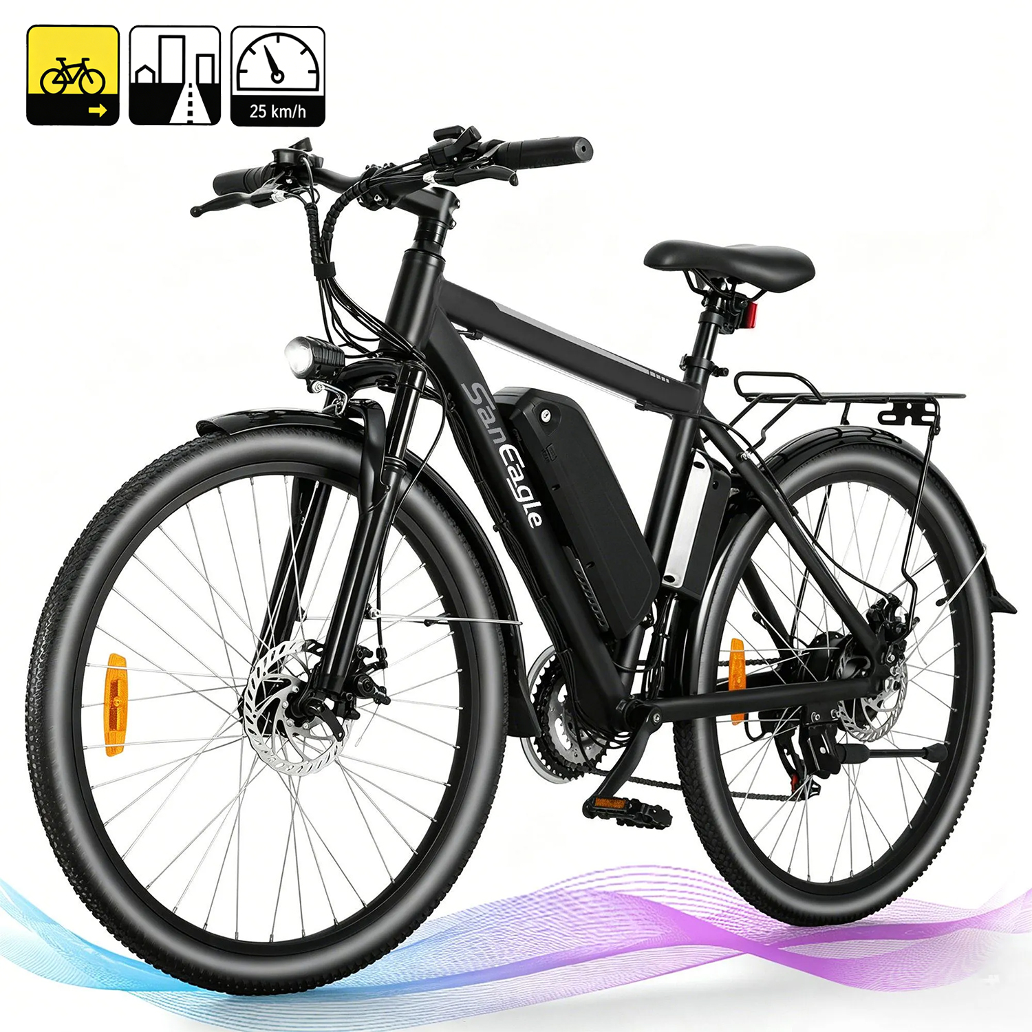 Saneagle 350W Electric Bike for Adults, 36V 10.4Ah Removable Battery, 26" Tire, Shimano 21-Speed, UL 2849 Certified, Black