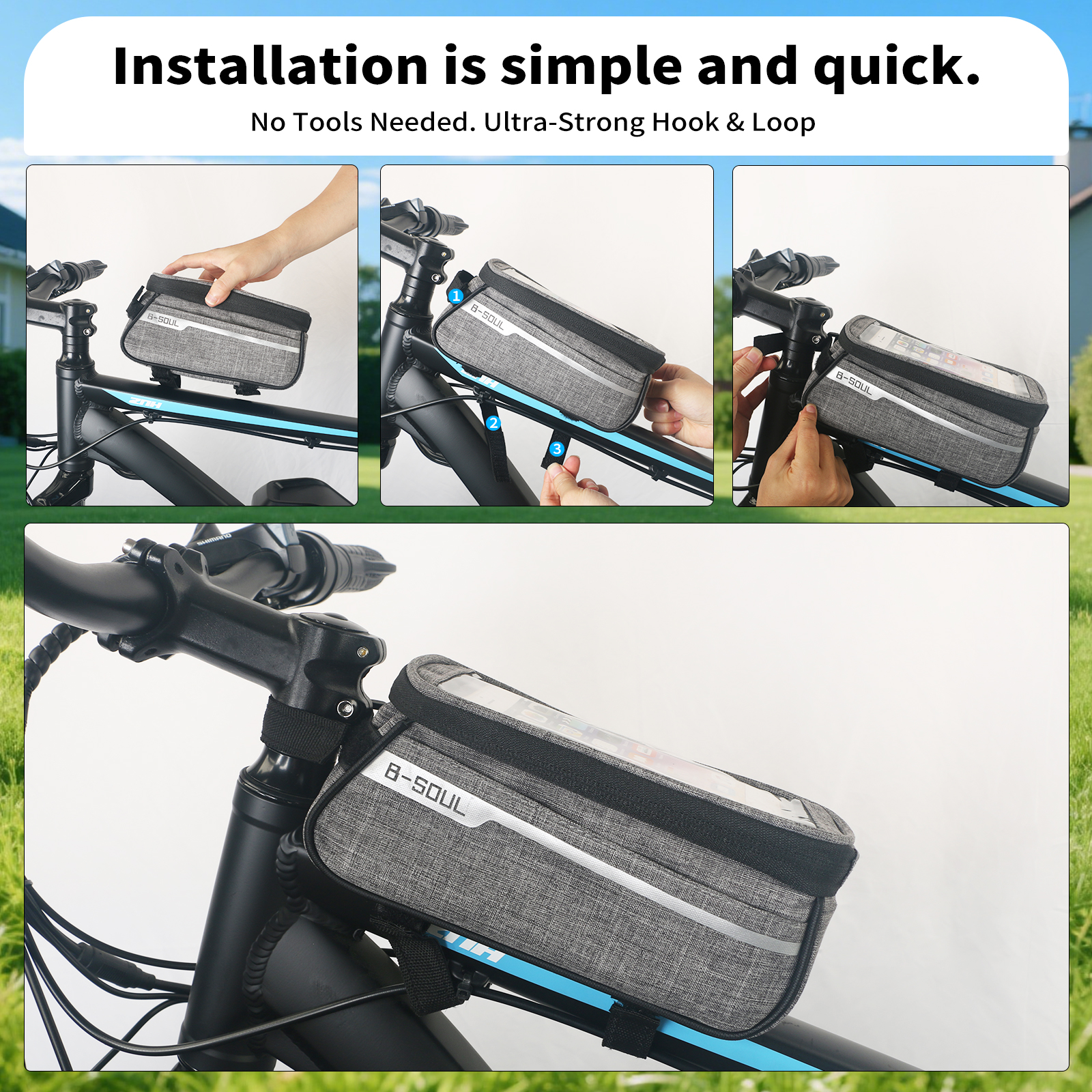 ZNH 1L Waterproof Bicycle Top Tube Bag, Sensitive Touch Screen Bike Phone Holder Pouch Fits Phones Under 7", Quick Release Top Opening Cycling Storage Bag with Headphone Port for E-Bike, Mountain Bike, Commuter Bike