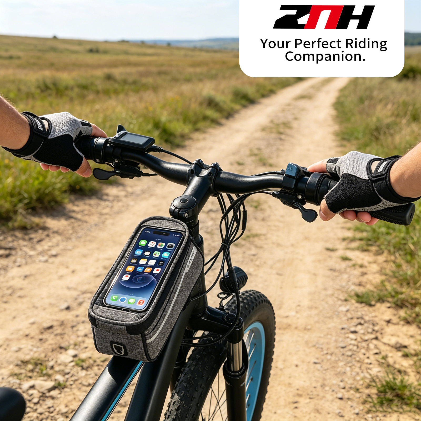ZNH 1L Waterproof Bicycle Top Tube Bag, Sensitive Touch Screen Bike Phone Holder Pouch Fits Phones Under 7", Quick Release Top Opening Cycling Storage Bag with Headphone Port for E-Bike, Mountain Bike, Commuter Bike
