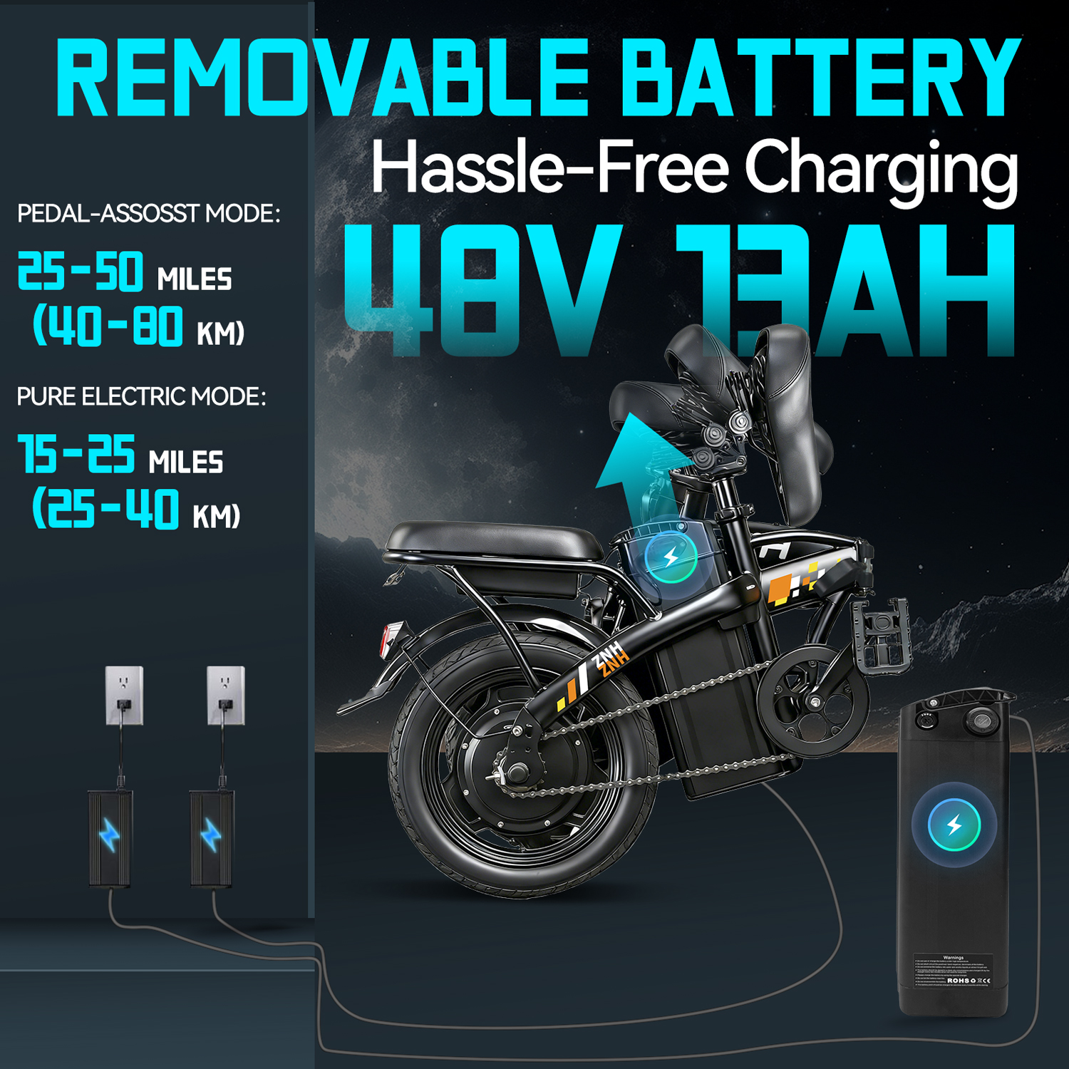ZNH 500W Class 2 Folding Electric Bike for Adults | 14" Compact Commuter Ebike, 48V 13Ah Removable Battery, 60 Miles Range, UL2849 Certified
