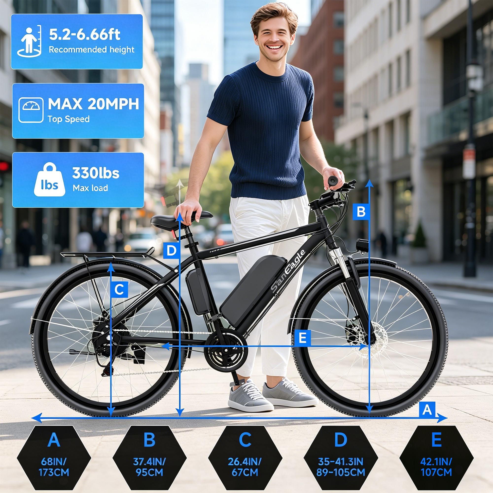 Saneagle 350W Electric Bike for Adults, 36V 10.4Ah Removable Battery, 26" Tire, Shimano 21-Speed, UL 2849 Certified, Black